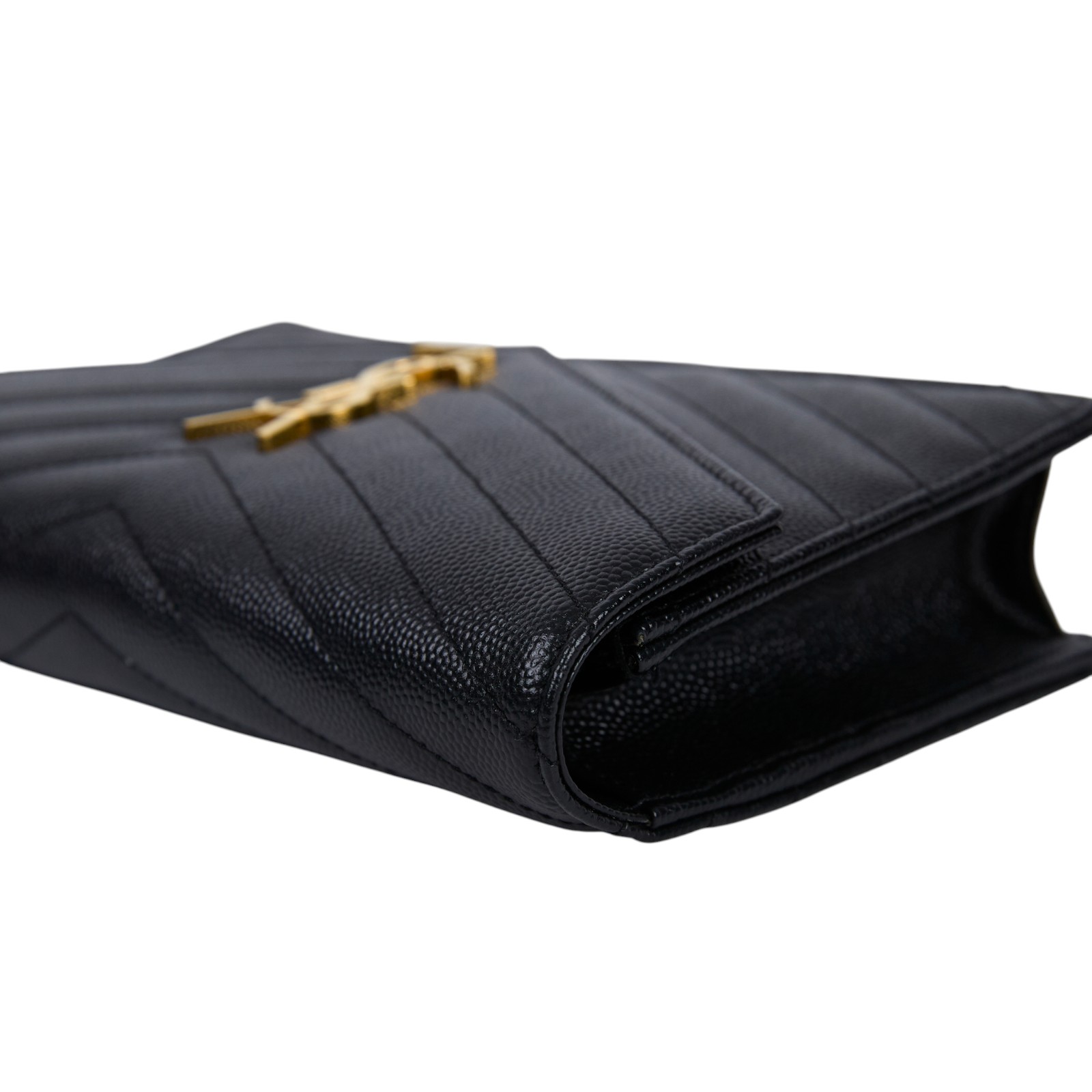 聖羅蘭 YSL SAINT LAURENT 山形紋 鏈袋 信封包 金扣 393953BOW01 黑金魚子醬WOC 原廠盒子/防塵袋/購買明細