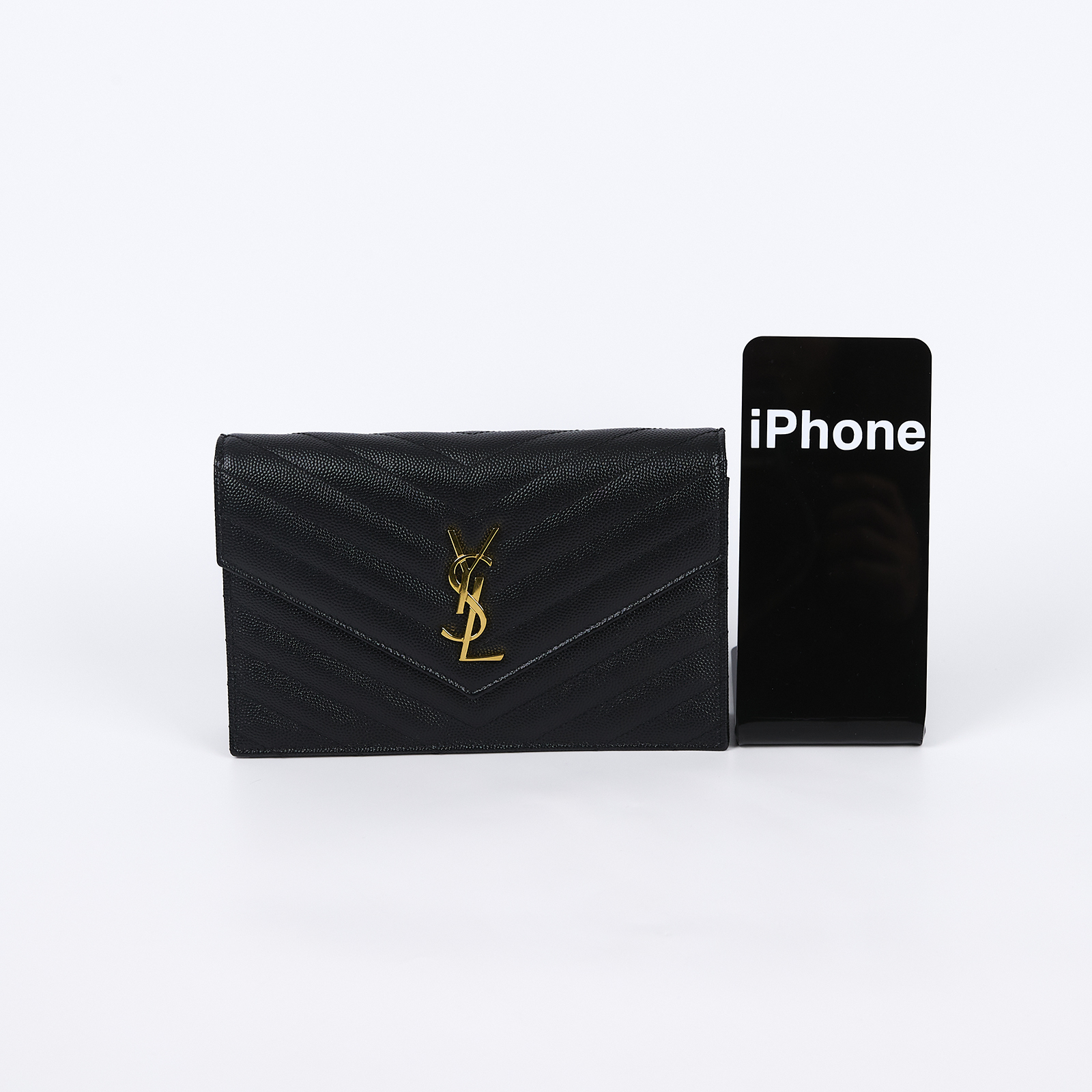 聖羅蘭 YSL SAINT LAURENT 山形紋 鏈袋 信封包 金扣 393953BOW01 黑金魚子醬WOC 原廠盒子/防塵袋/購買明細