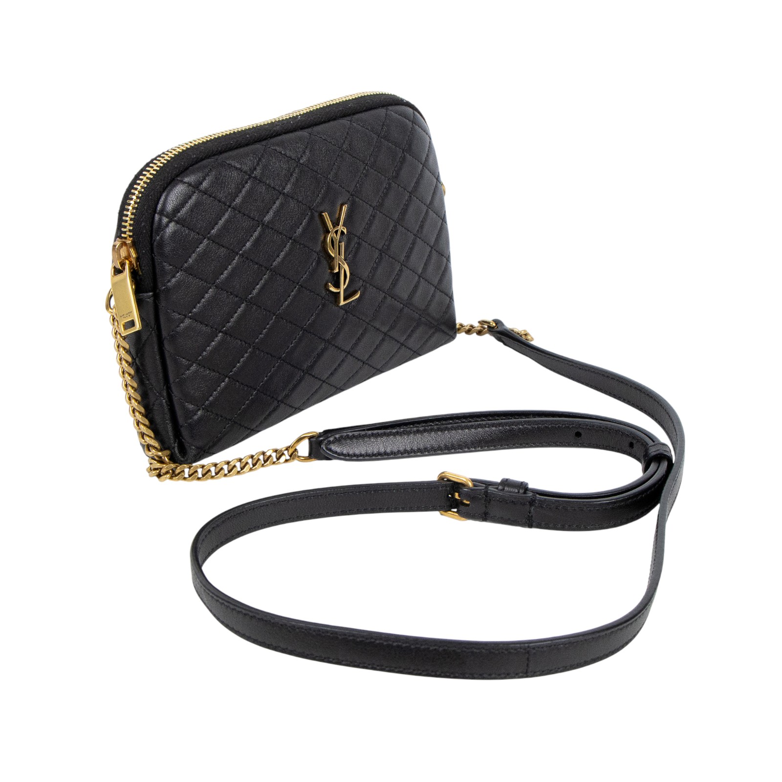 聖羅蘭 YSL SAINT LAURENT Gaby 絎縫小羊皮 拉鏈小袋 金色五金 7336671EL07 黑金Gaby貝殼包 原廠盒子