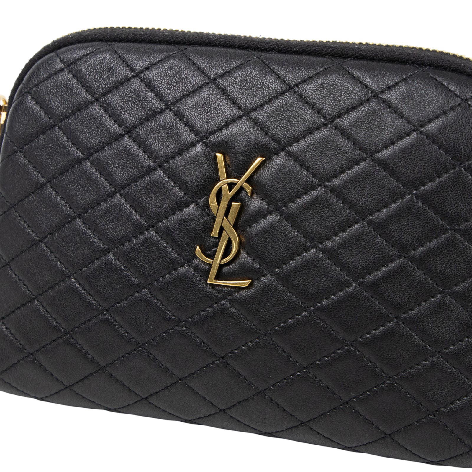 聖羅蘭 YSL SAINT LAURENT Gaby 絎縫小羊皮 拉鏈小袋 金色五金 7336671EL07 黑金Gaby貝殼包 原廠盒子