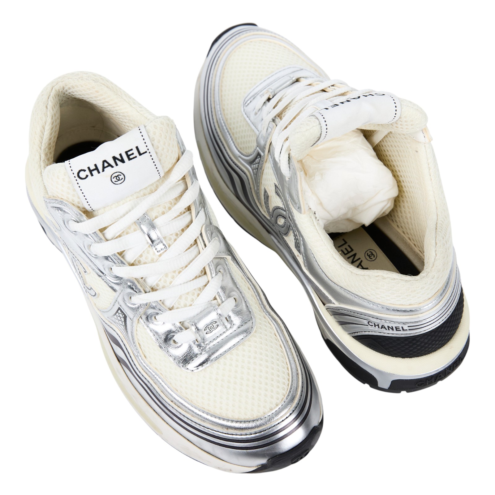 香奈兒 CHANEL CC 跑鞋 G39792_37 銀白運動鞋 原廠盒子/防塵袋/灰色鞋帶