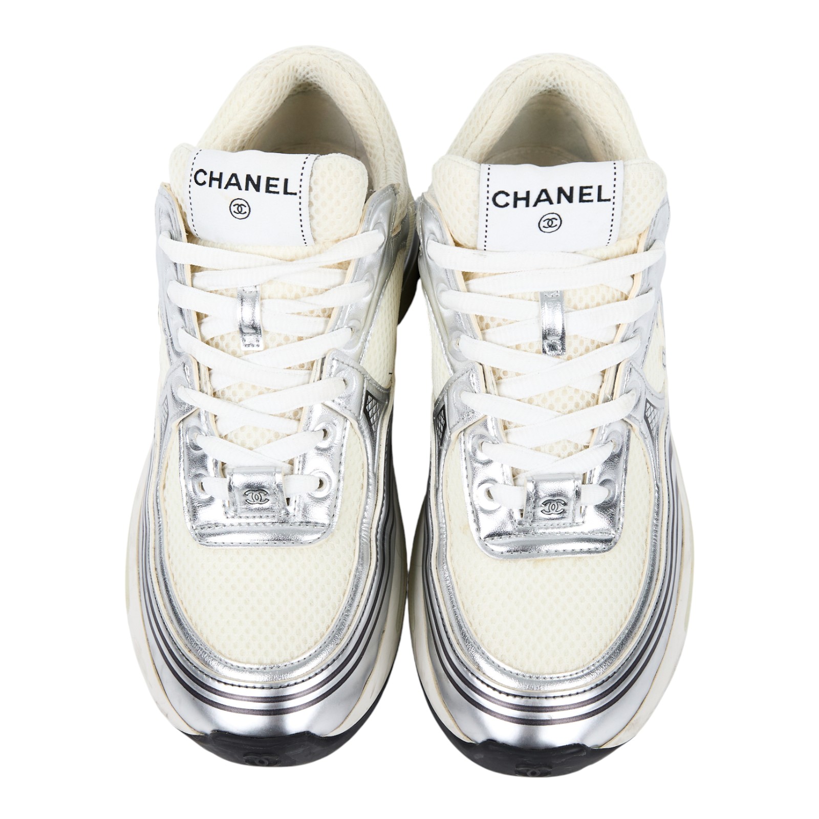 香奈兒 CHANEL CC 跑鞋 G39792_37 銀白運動鞋 原廠盒子/防塵袋/灰色鞋帶