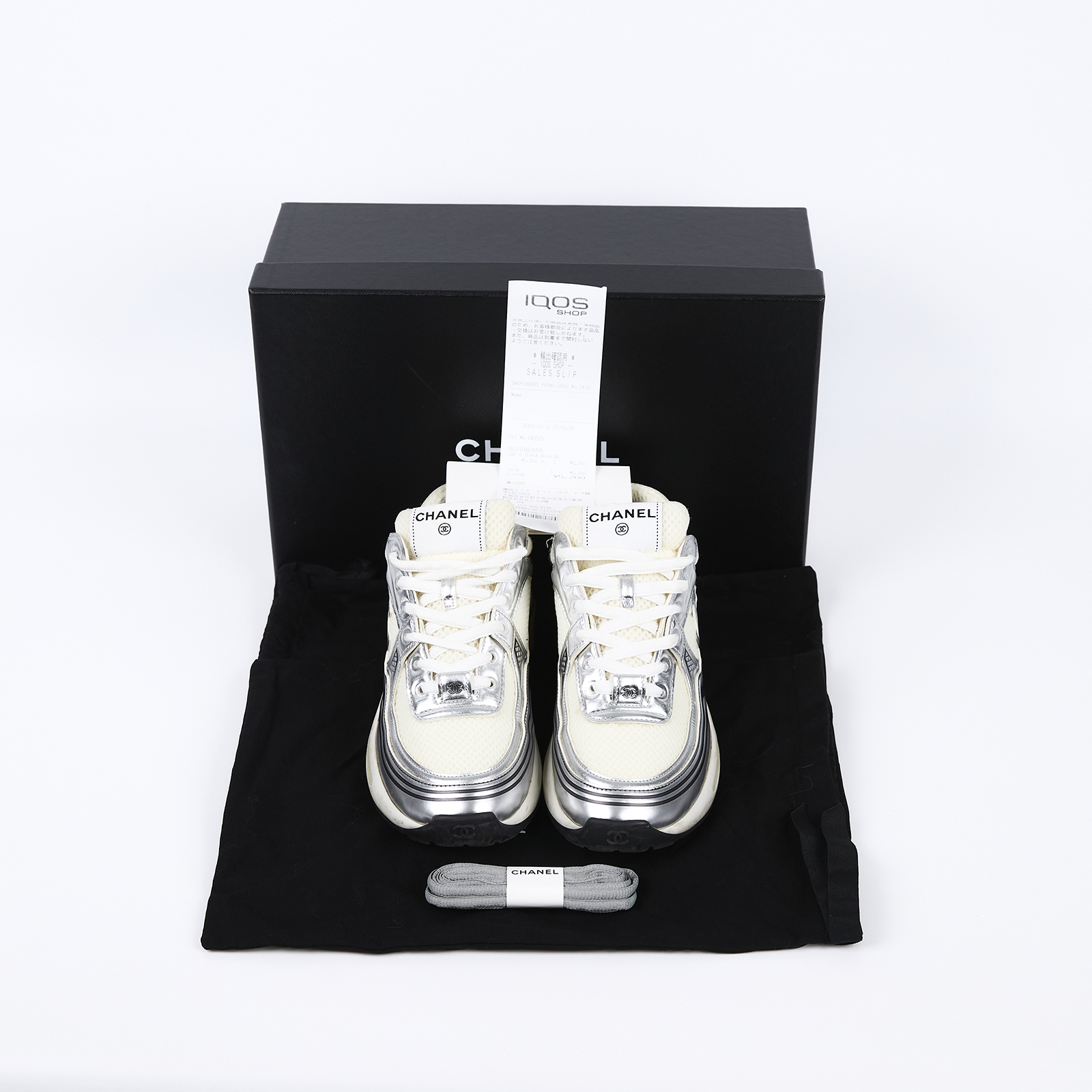 香奈兒 CHANEL CC 跑鞋 G39792_37 銀白運動鞋 原廠盒子/防塵袋/灰色鞋帶