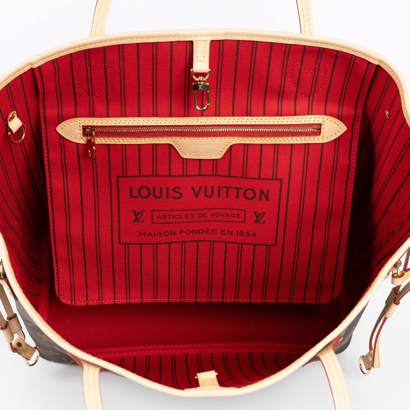 路易威登 LOUIS VUITTON Neverfull MM  經典帆布 肩背 購物袋 櫻桃紅內襯 M46987 晶片款  原廠盒子/防塵袋/內袋