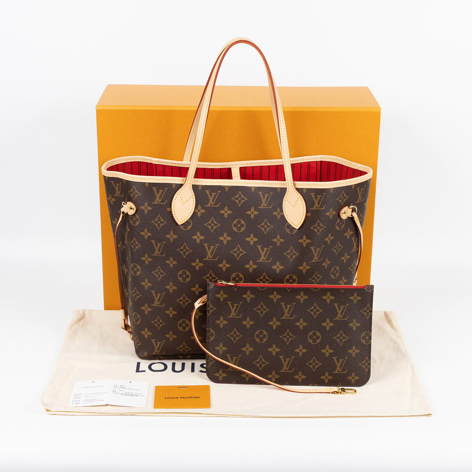 路易威登 LOUIS VUITTON Neverfull MM  經典帆布 肩背 購物袋 櫻桃紅內襯 M46987 晶片款  原廠盒子/防塵袋/內袋
