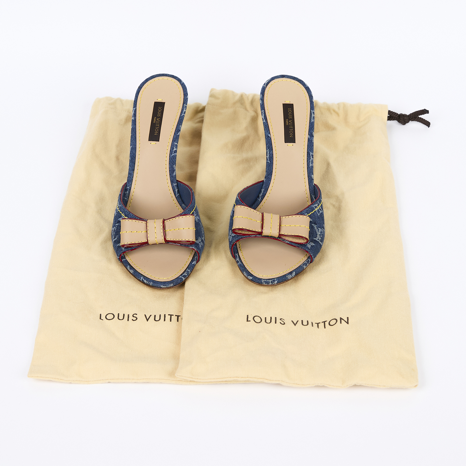 路易威登 LOUIS VUITTON 老花 Monogram 涼鞋 拖鞋 單寧  丹寧露趾跟鞋 防塵袋