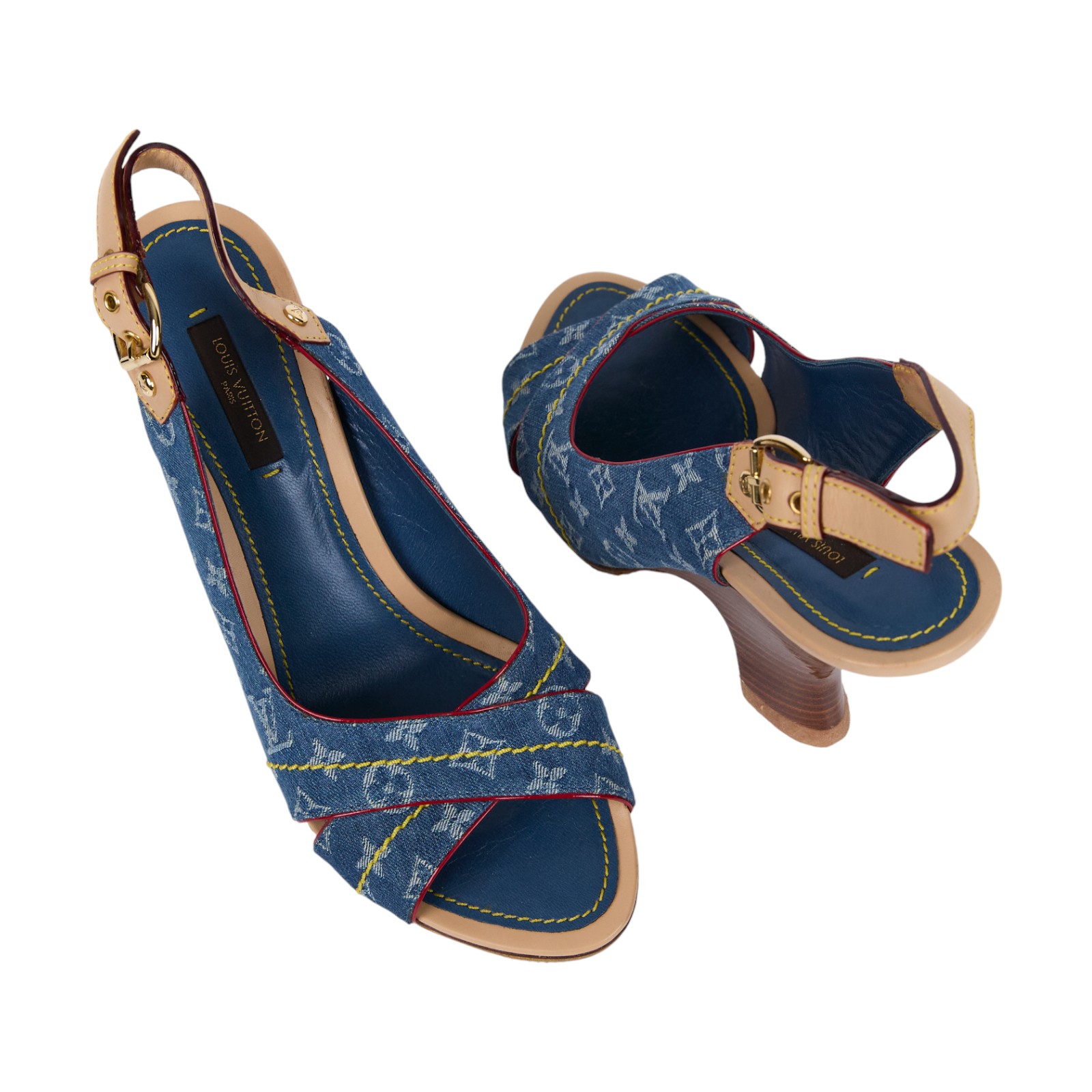 路易威登 LOUIS VUITTON 老花 Monogram 涼鞋 單寧  丹寧交叉露趾跟鞋 原廠盒子/防塵袋