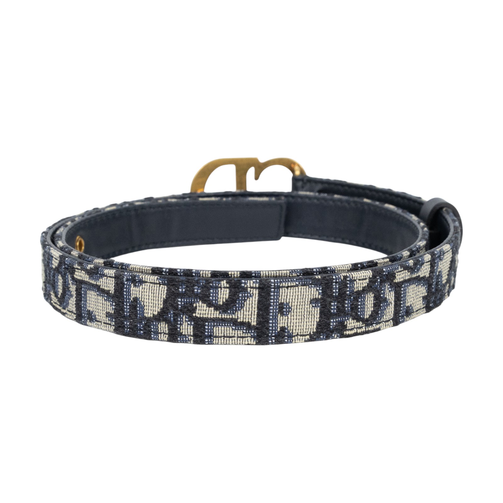 迪奧 CHRISTIAN DIOR CD Saddle Oblique 緹花腰帶  藍緹花帆布皮帶 原廠盒子