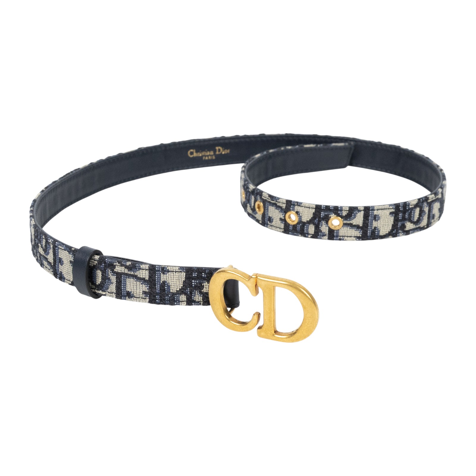 迪奧 CHRISTIAN DIOR CD Saddle Oblique 緹花腰帶  藍緹花帆布皮帶 原廠盒子