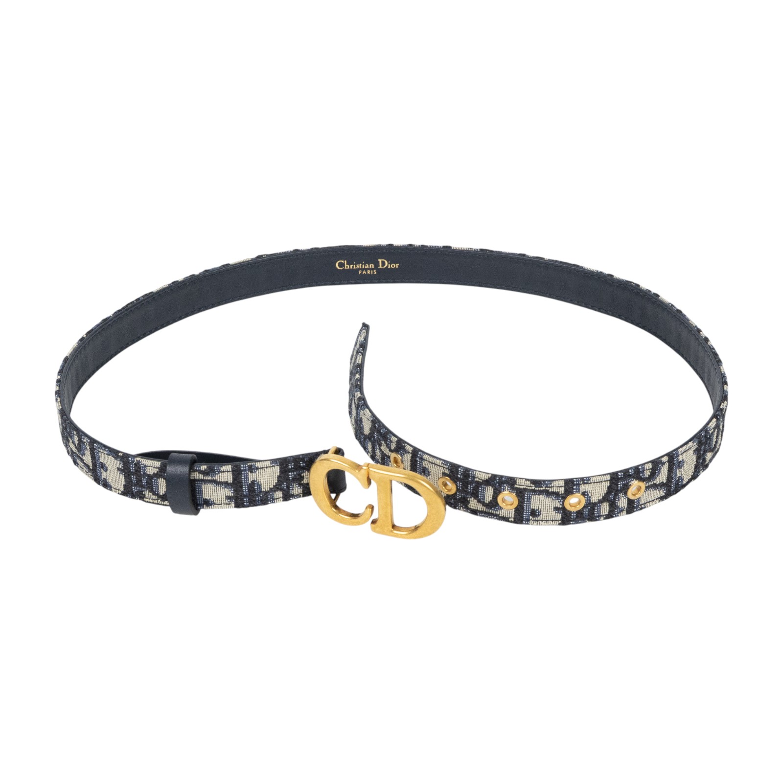迪奧 CHRISTIAN DIOR CD Saddle Oblique 緹花腰帶  藍緹花帆布皮帶 原廠盒子