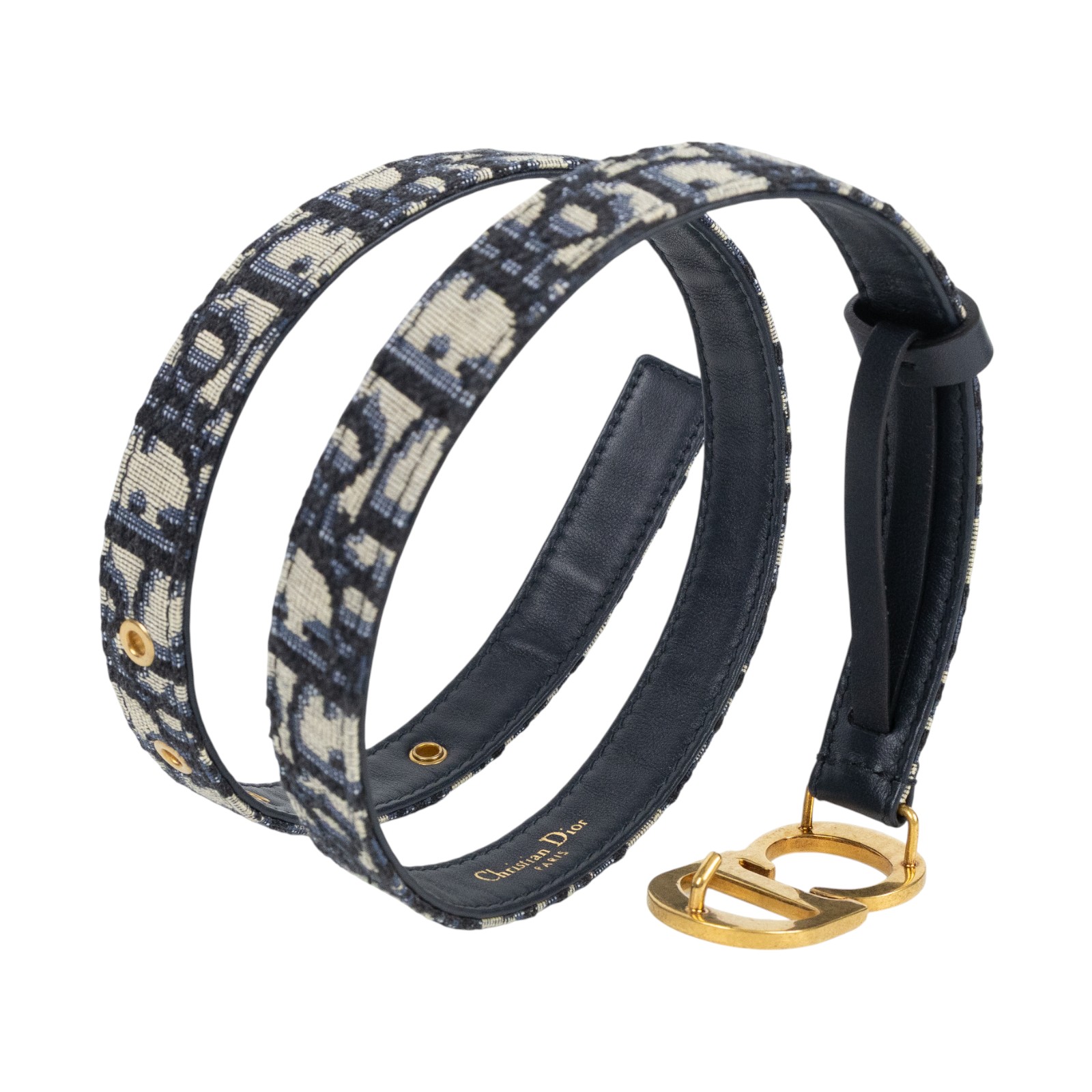 迪奧 CHRISTIAN DIOR CD Saddle Oblique 緹花腰帶  藍緹花帆布皮帶 原廠盒子