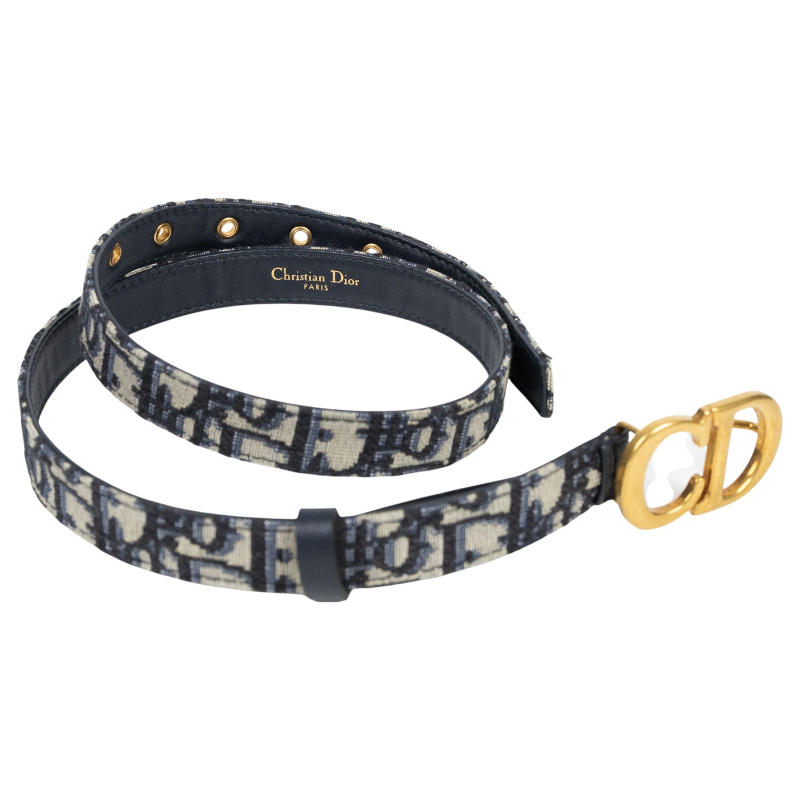 迪奧 CHRISTIAN DIOR CD Saddle Oblique 緹花腰帶  藍緹花帆布皮帶 原廠盒子