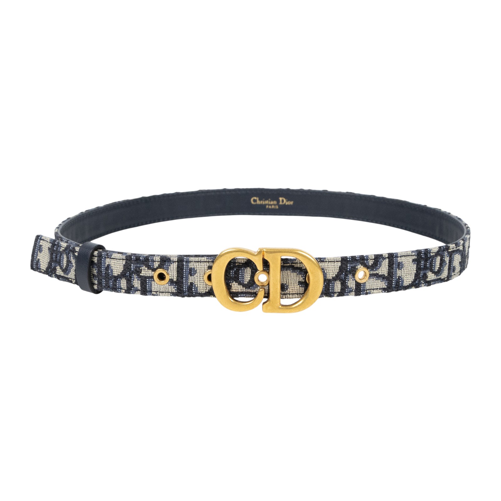 迪奧 CHRISTIAN DIOR CD Saddle Oblique 緹花腰帶  藍緹花帆布皮帶 原廠盒子