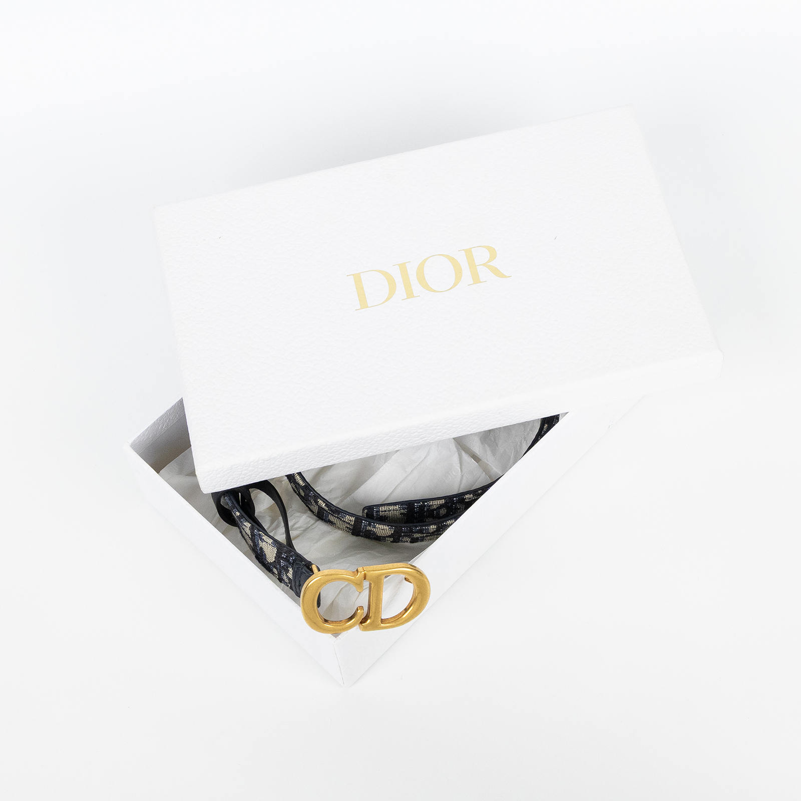 迪奧 CHRISTIAN DIOR CD Saddle Oblique 緹花腰帶  藍緹花帆布皮帶 原廠盒子