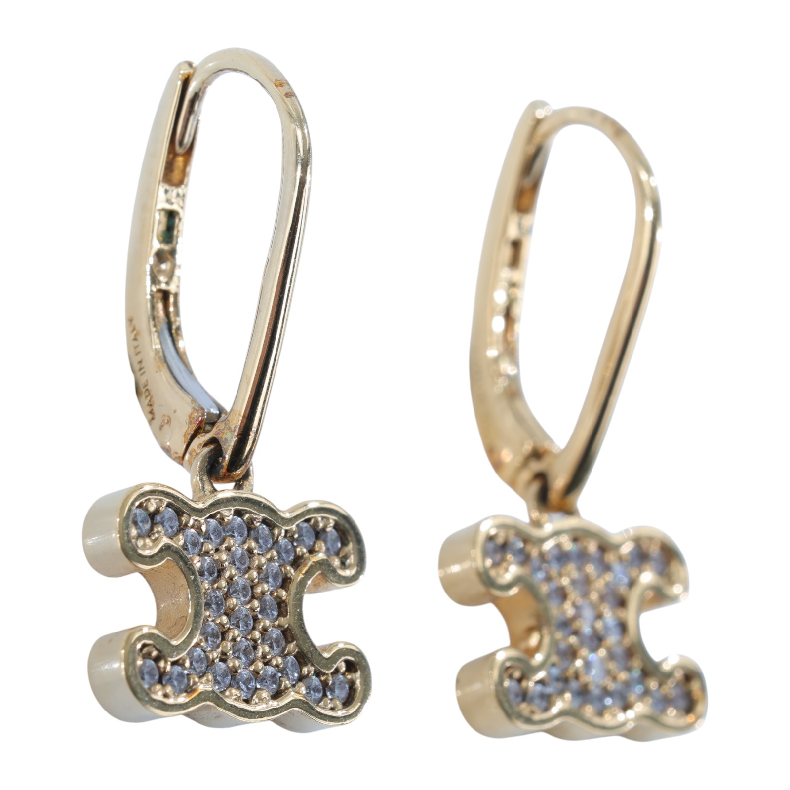 思琳 CELINE 飾面黃銅 水晶 萊茵石 耳釘 460GC6BZI 金LOGO水鑽耳環 原廠盒子/防塵袋