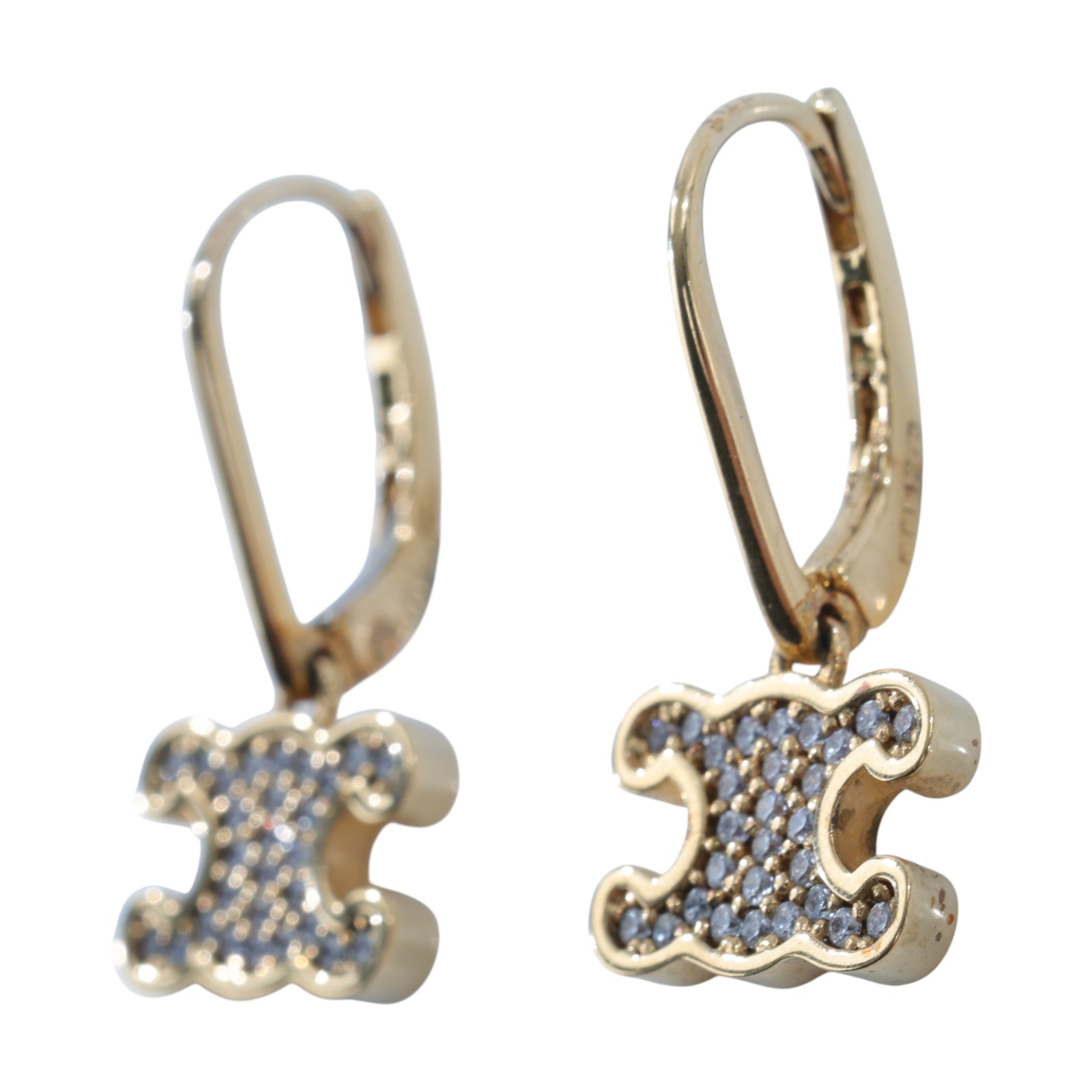 思琳 CELINE 飾面黃銅 水晶 萊茵石 耳釘 460GC6BZI 金LOGO水鑽耳環 原廠盒子/防塵袋