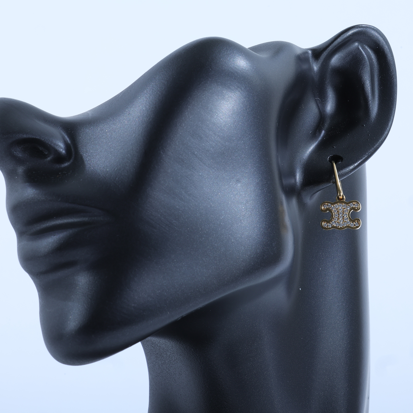 思琳 CELINE 飾面黃銅 水晶 萊茵石 耳釘 460GC6BZI 金LOGO水鑽耳環 原廠盒子/防塵袋