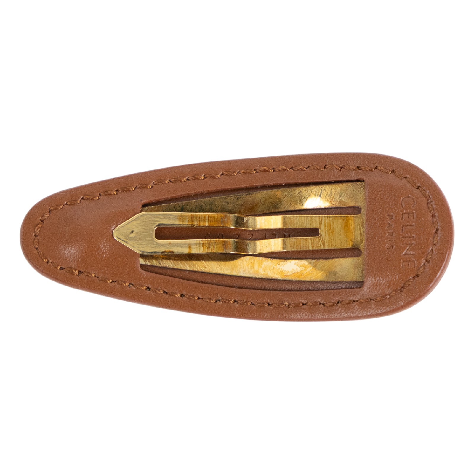 思琳 CELINE 飾面髮夾 460TD3BCS 金色LOGO皮髮夾 原廠盒子/防塵袋