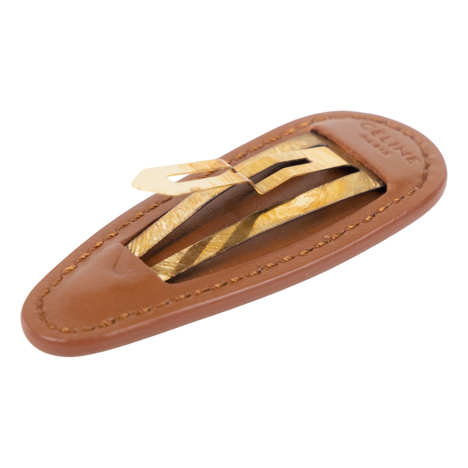 思琳 CELINE 飾面髮夾 460TD3BCS 金色LOGO皮髮夾 原廠盒子/防塵袋