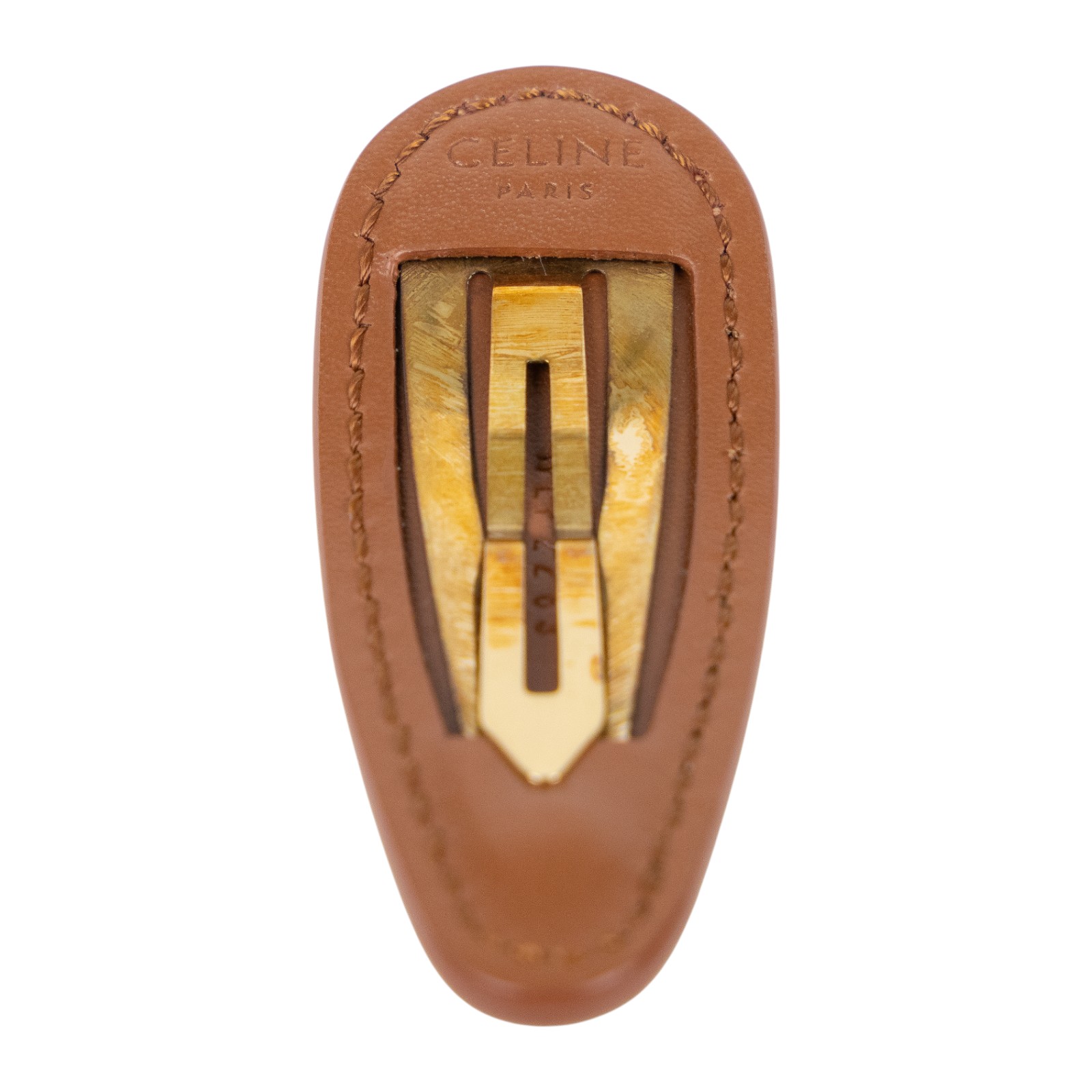 思琳 CELINE 飾面髮夾 460TD3BCS 金色LOGO皮髮夾 原廠盒子/防塵袋