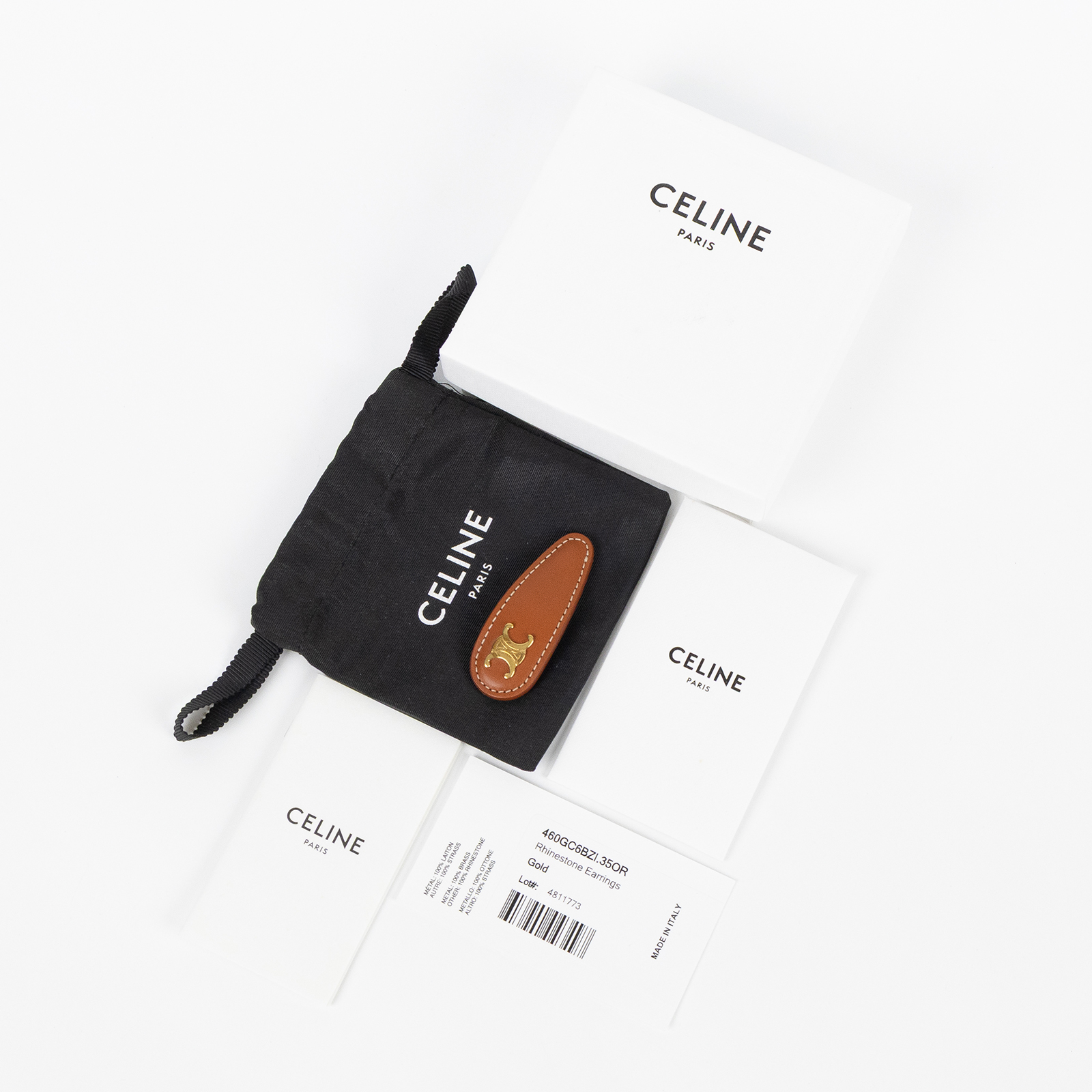 思琳 CELINE 飾面髮夾 460TD3BCS 金色LOGO皮髮夾 原廠盒子/防塵袋