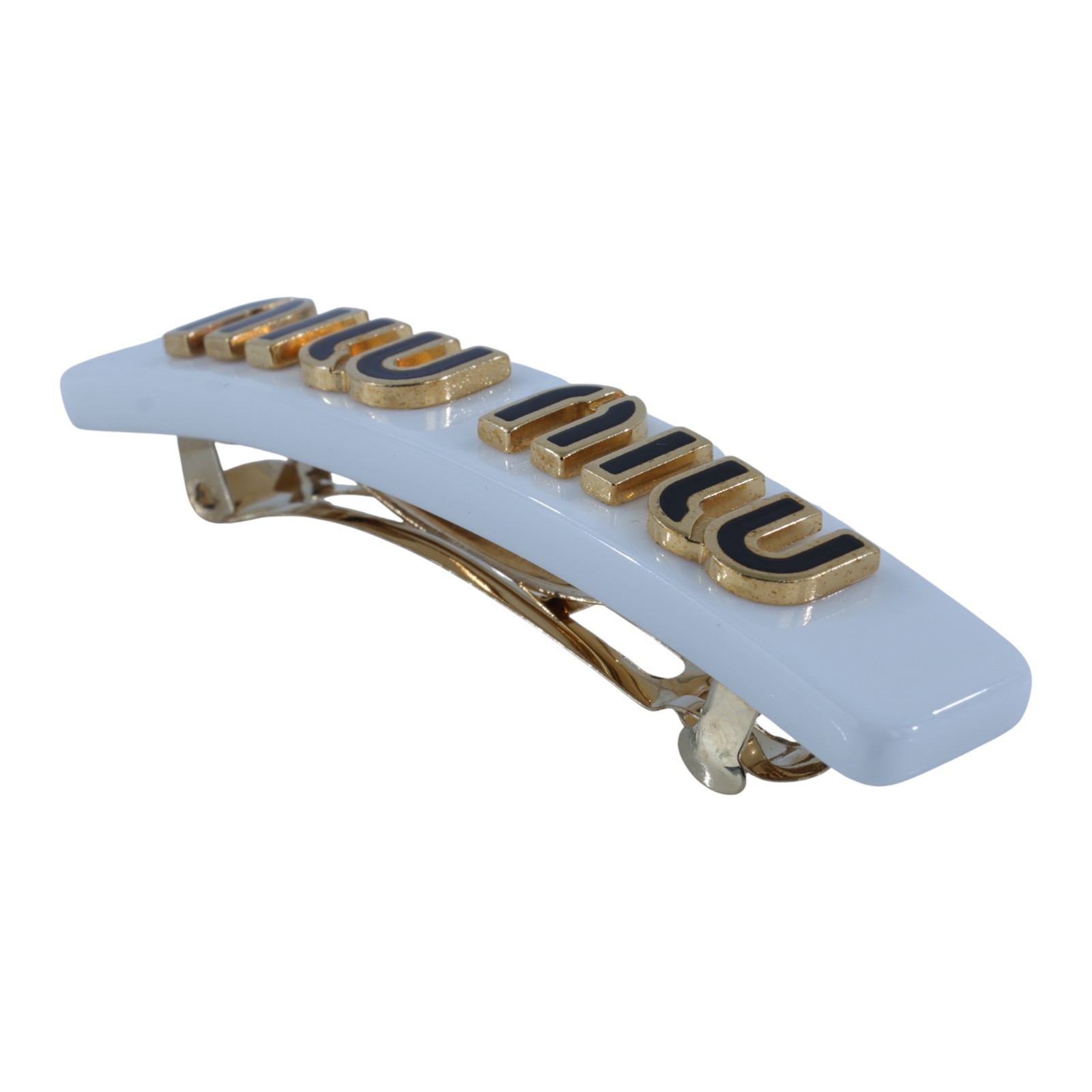 繆繆 MIU MIU 水晶 耳釘 5IO059_2DNC 白黑金LOGO髮夾 原廠盒子/保卡