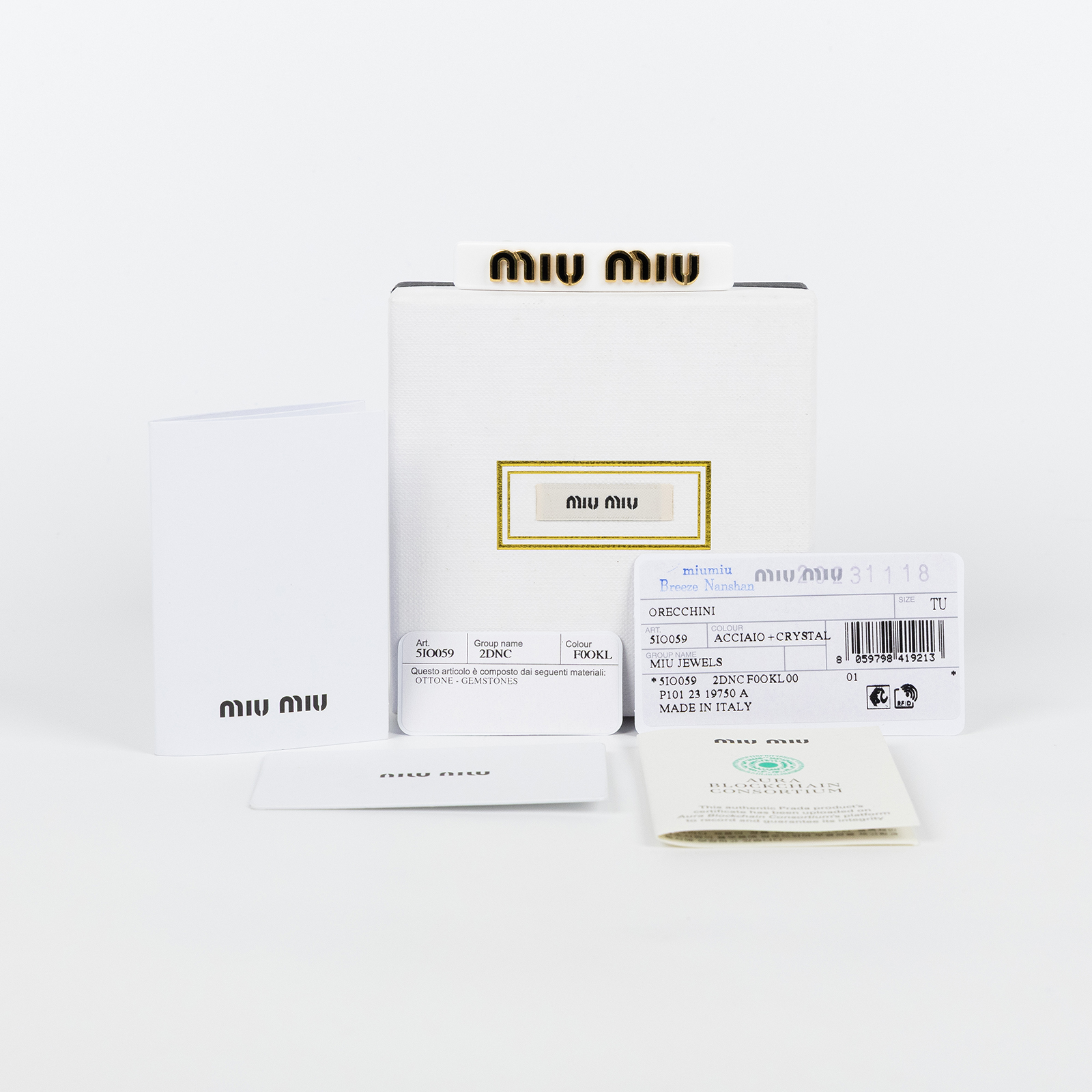 繆繆 MIU MIU 水晶 耳釘 5IO059_2DNC 白黑金LOGO髮夾 原廠盒子/保卡