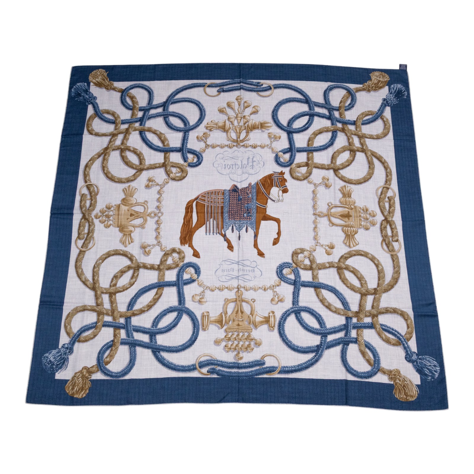 愛馬仕 Hermes Palefroi 140披肩 淺海軍藍 雲紋灰 青銅色 H241423Sv01  藍馬圖喀什米爾圍巾 原廠盒子