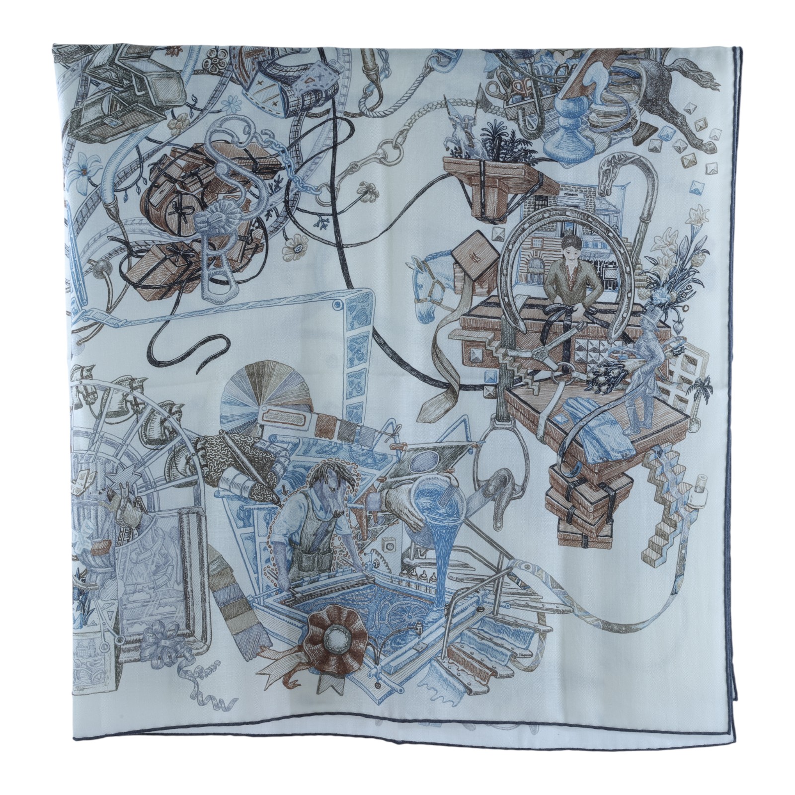 愛馬仕 Hermes Le Monde dHermes 140 披肩 白色 板岩深灰 大象灰 H244230Sv13  淺灰馬草圖喀什米爾圍巾 原廠盒子