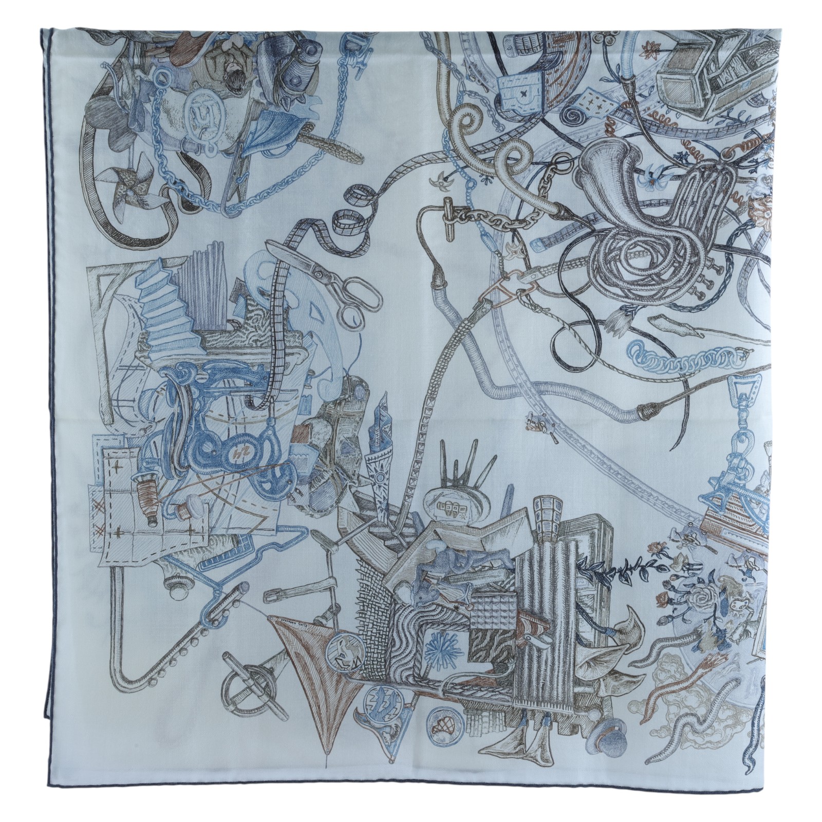 愛馬仕 Hermes Le Monde dHermes 140 披肩 白色 板岩深灰 大象灰 H244230Sv13  淺灰馬草圖喀什米爾圍巾 原廠盒子