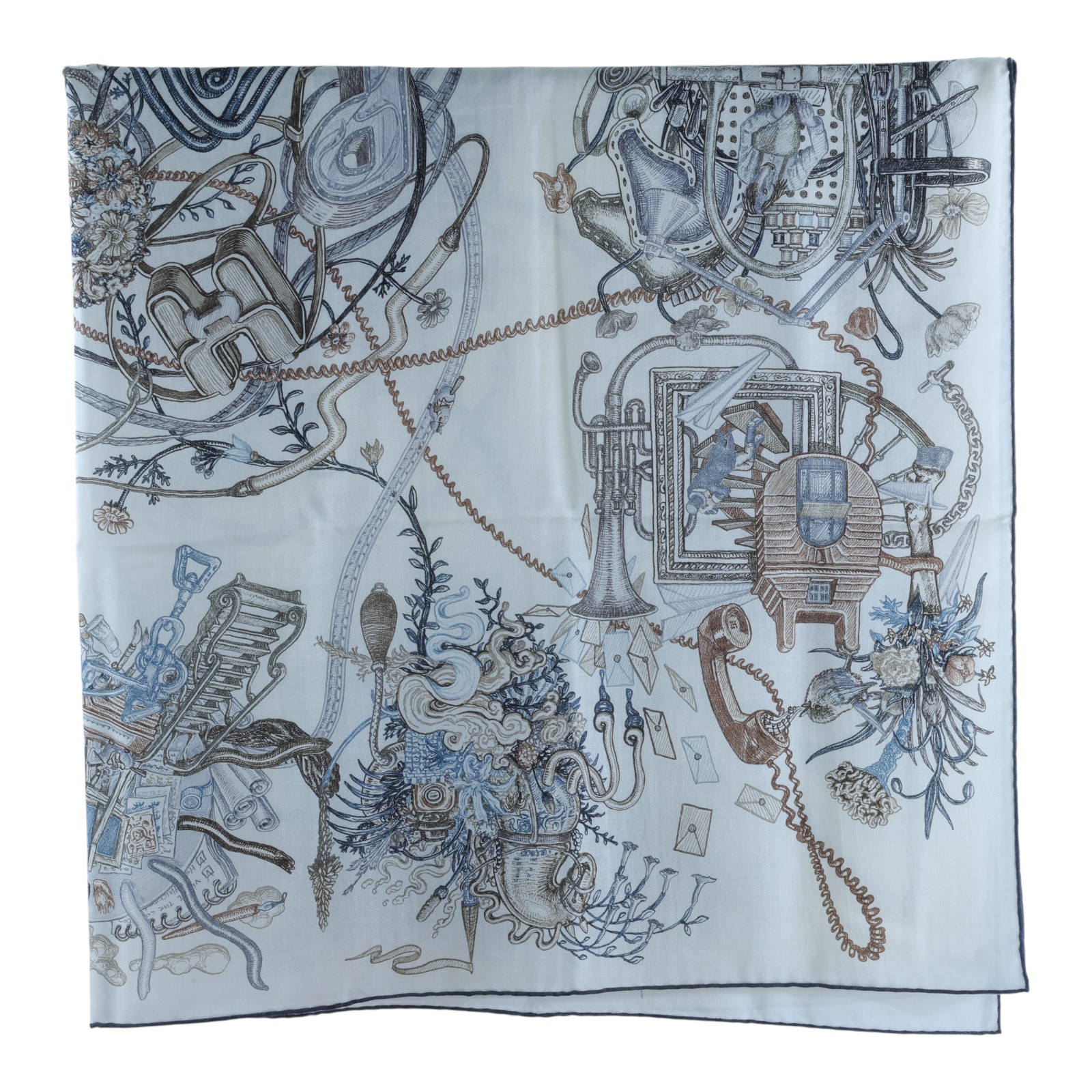 愛馬仕 Hermes Le Monde dHermes 140 披肩 白色 板岩深灰 大象灰 H244230Sv13  淺灰馬草圖喀什米爾圍巾 原廠盒子