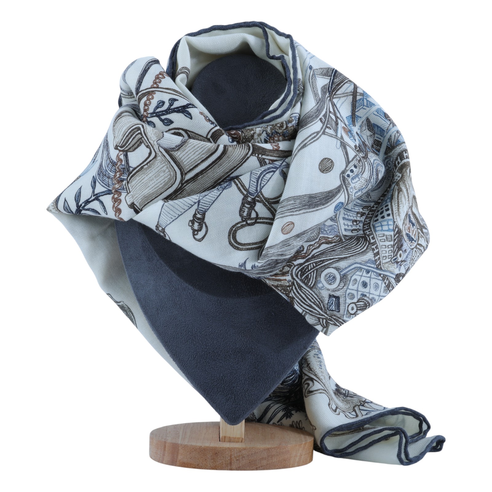 愛馬仕 Hermes Le Monde dHermes 140 披肩 白色 板岩深灰 大象灰 H244230Sv13  淺灰馬草圖喀什米爾圍巾 原廠盒子