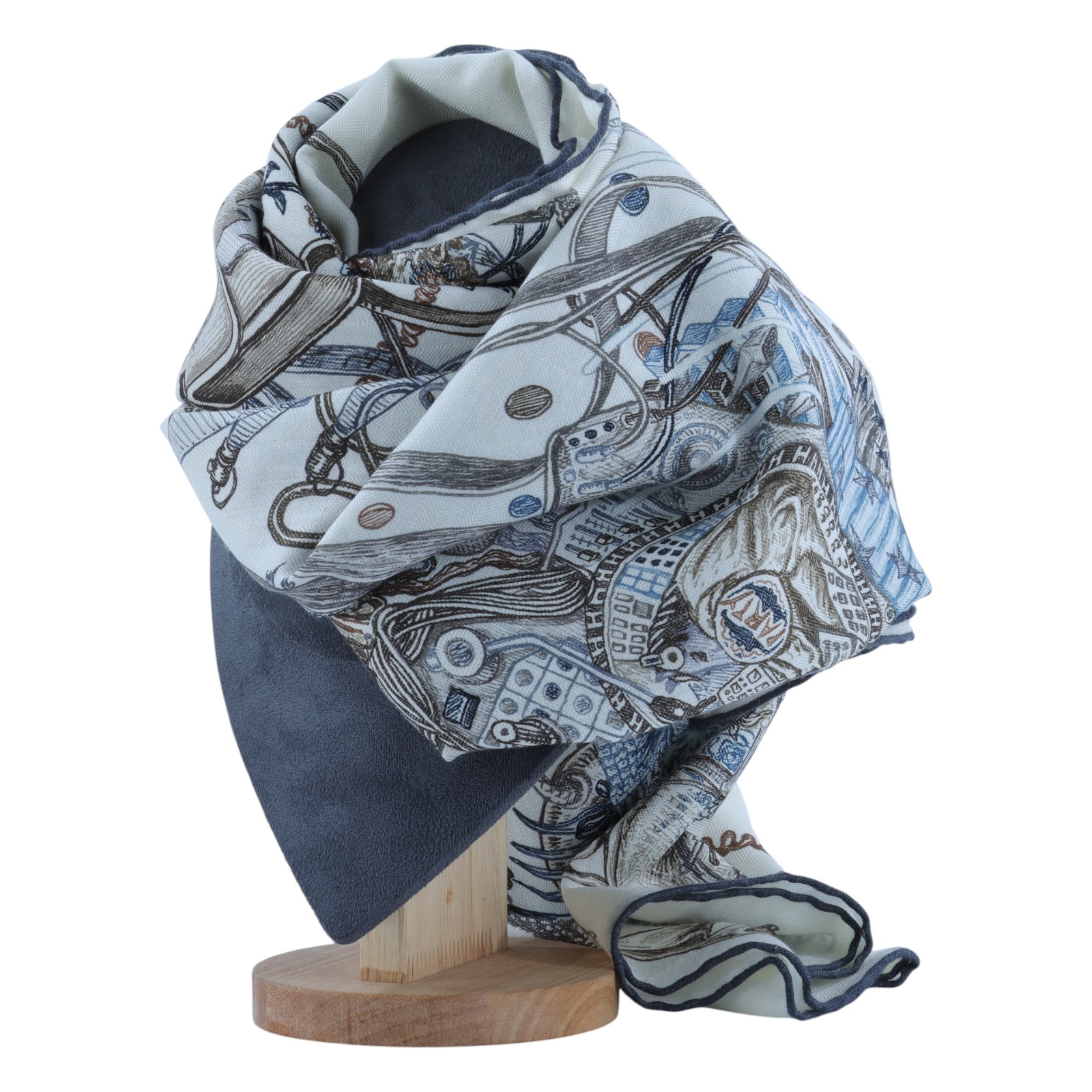 愛馬仕 Hermes Le Monde dHermes 140 披肩 白色 板岩深灰 大象灰 H244230Sv13  淺灰馬草圖喀什米爾圍巾 原廠盒子