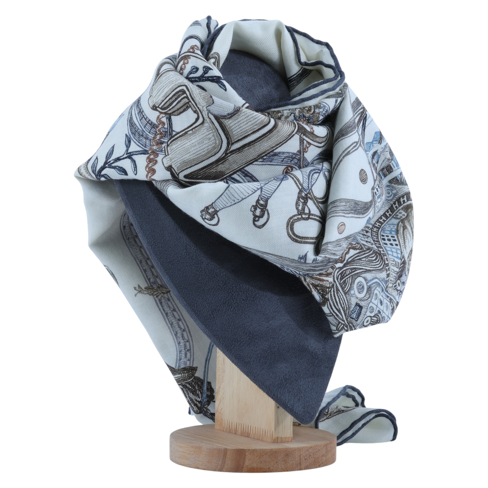 愛馬仕 Hermes Le Monde dHermes 140 披肩 白色 板岩深灰 大象灰 H244230Sv13  淺灰馬草圖喀什米爾圍巾 原廠盒子