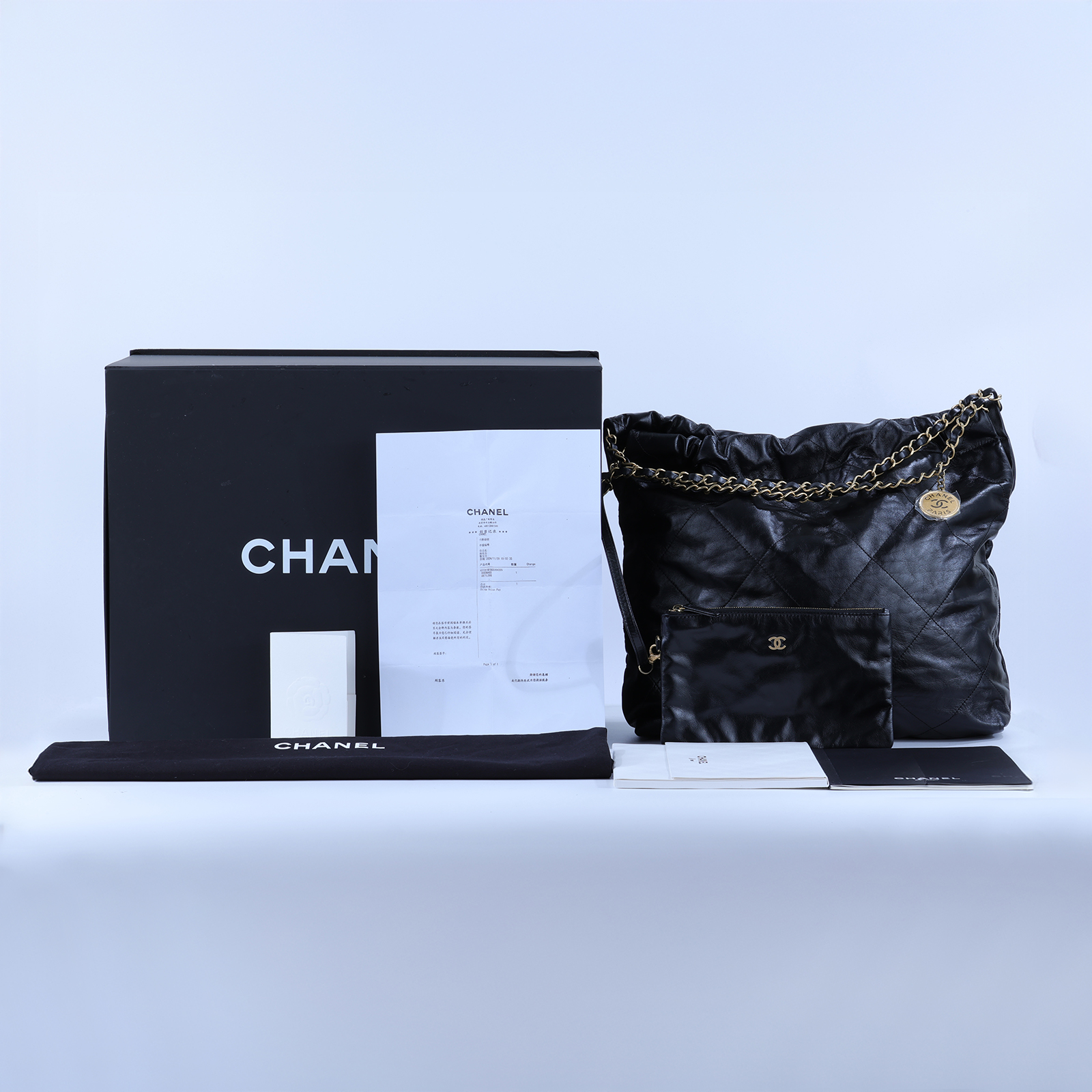 香奈兒 CHANEL 22 中型 束口包 AS3261 B19059 晶片款 黑金22包 中號 原廠盒子/防塵袋/購買證明影本/內袋