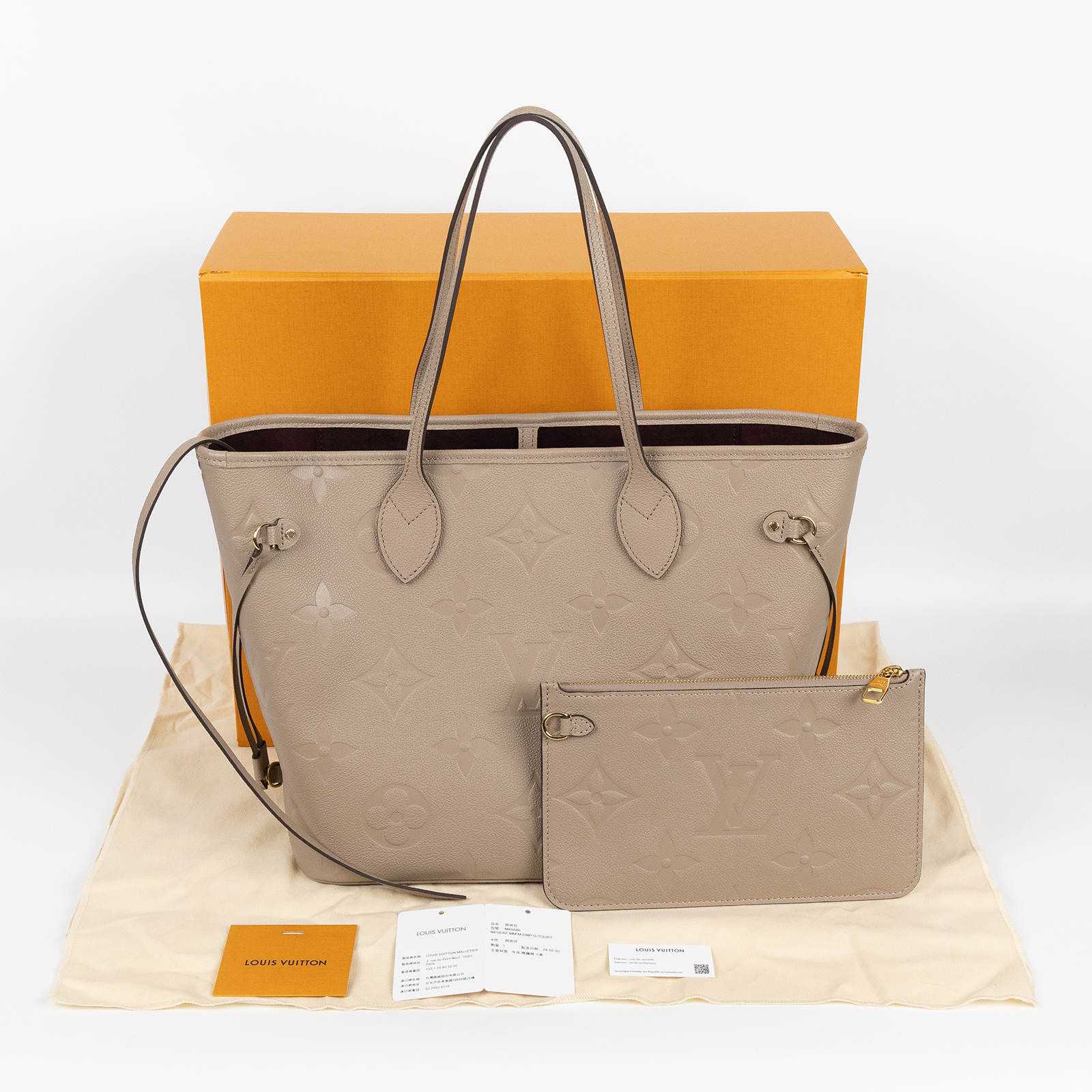 路易威登 LOUIS VUITTON Neverfull MM 手提 托特包 壓花牛皮 斑鳩灰色 M45686 晶片款  原廠盒子/防塵袋/內袋