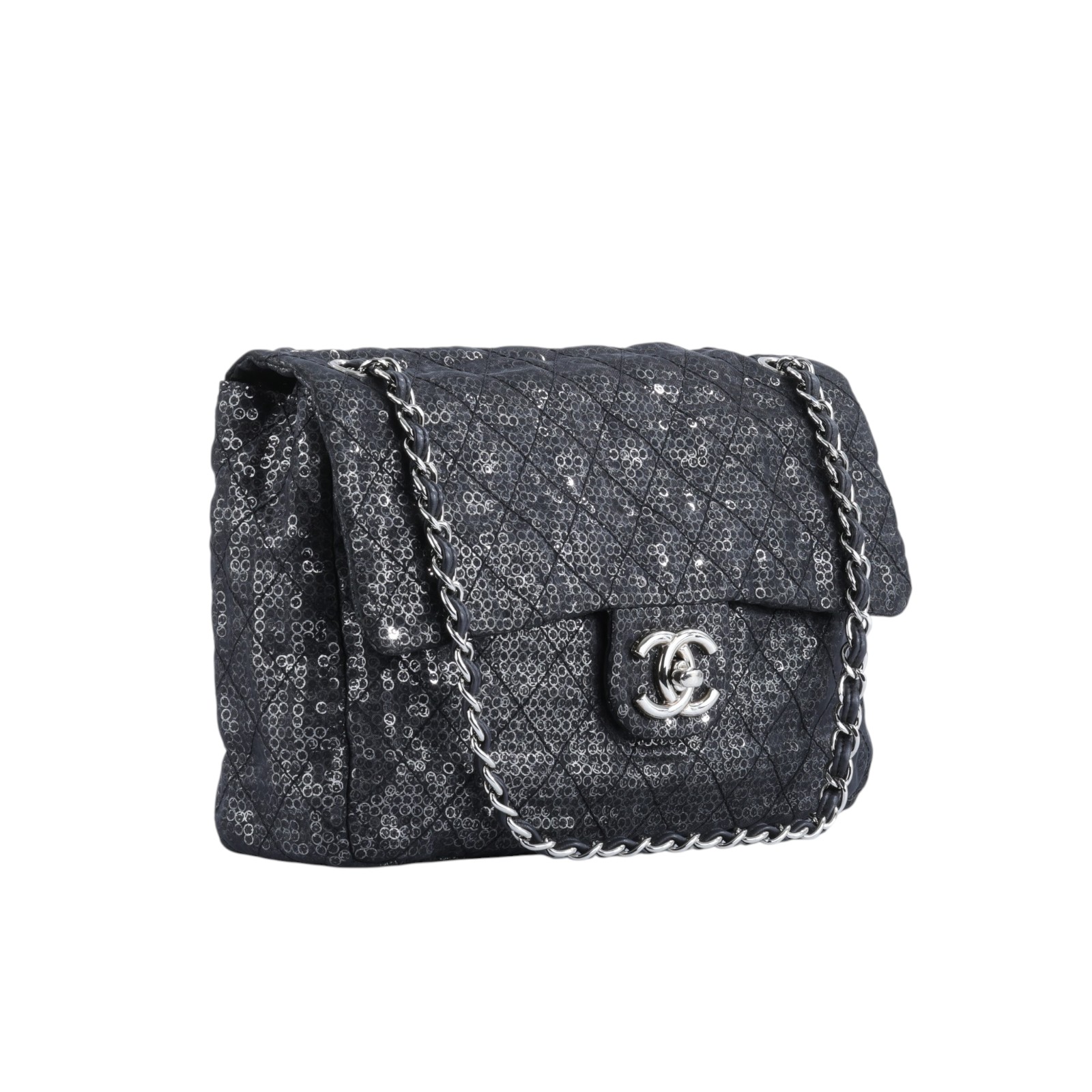香奈兒 CHANEL CF Jumbo 口蓋包 肩背包 斜背包  12開黑亮片銀扣翻蓋包 無附屬品