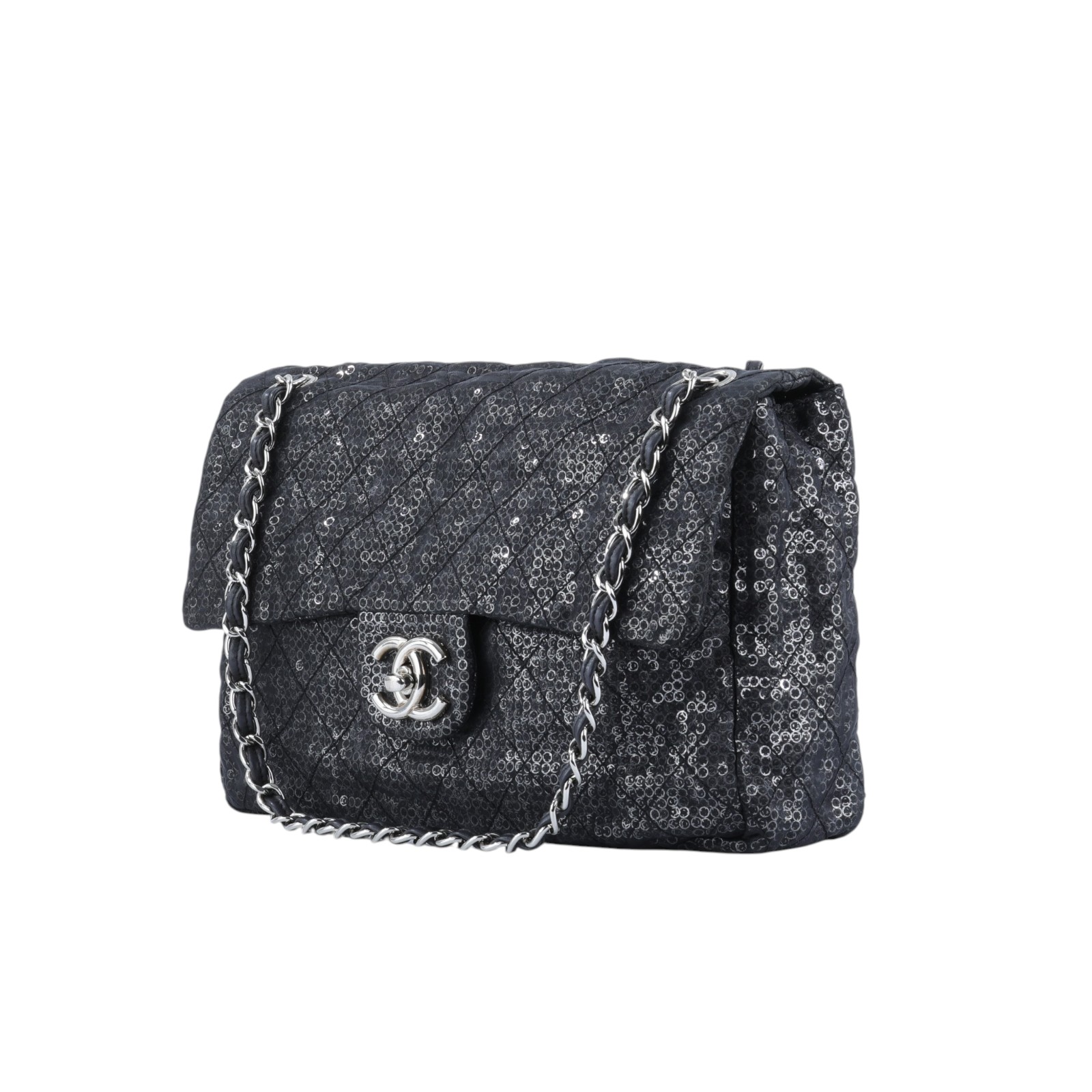 香奈兒 CHANEL CF Jumbo 口蓋包 肩背包 斜背包  12開黑亮片銀扣翻蓋包 無附屬品