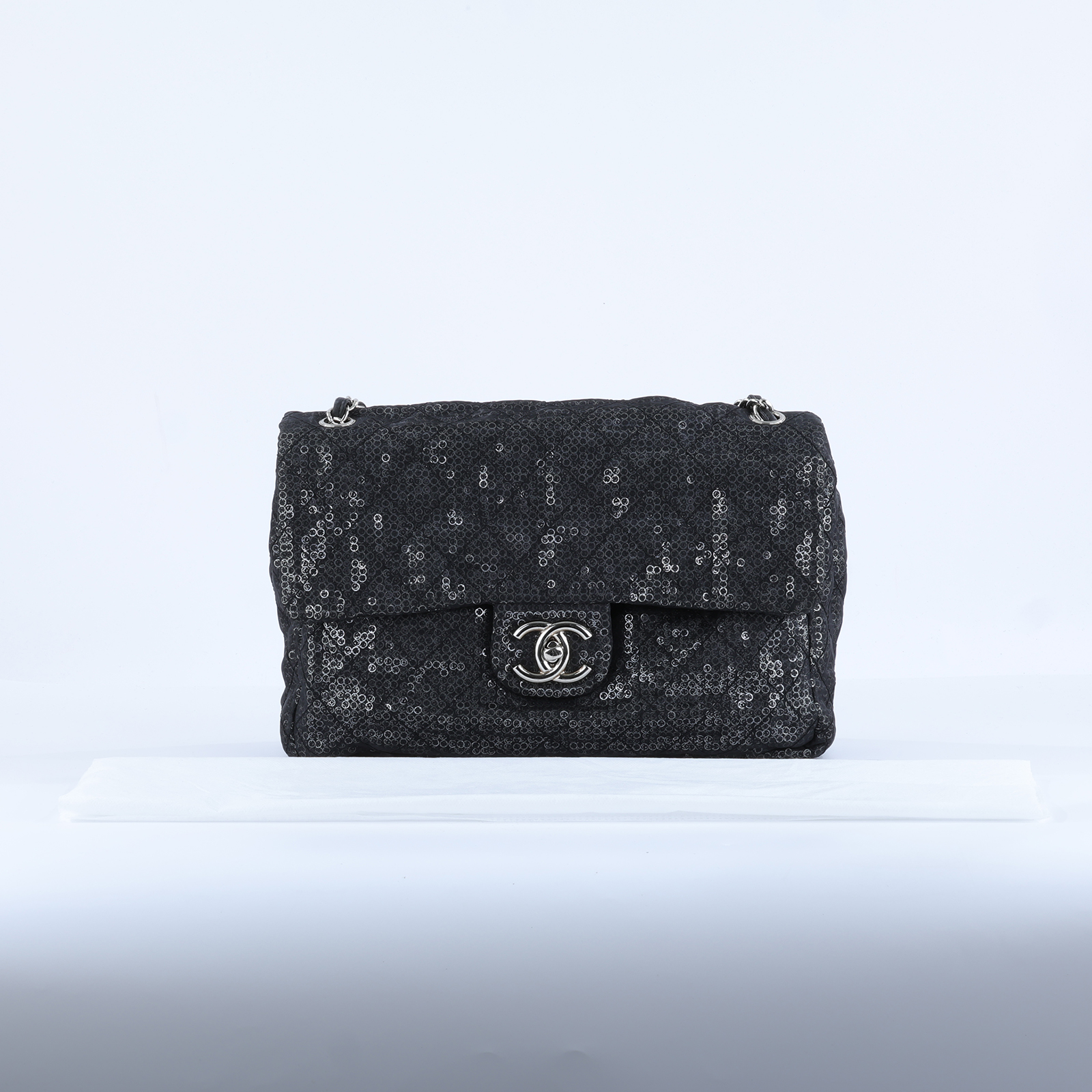香奈兒 CHANEL CF Jumbo 口蓋包 肩背包 斜背包  12開黑亮片銀扣翻蓋包 無附屬品