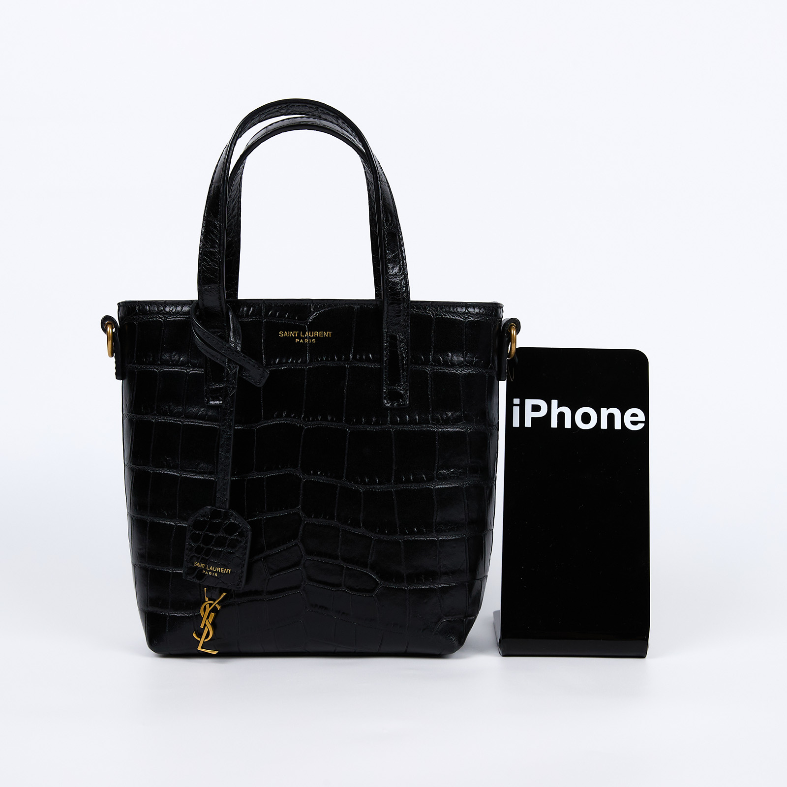 聖羅蘭 YSL SAINT LAURENT Toy Shopping 迷你鱷魚皮壓紋 購物袋 迷你 712367AAAOH 黑鱷魚壓紋兩用包 原廠盒子/防塵袋