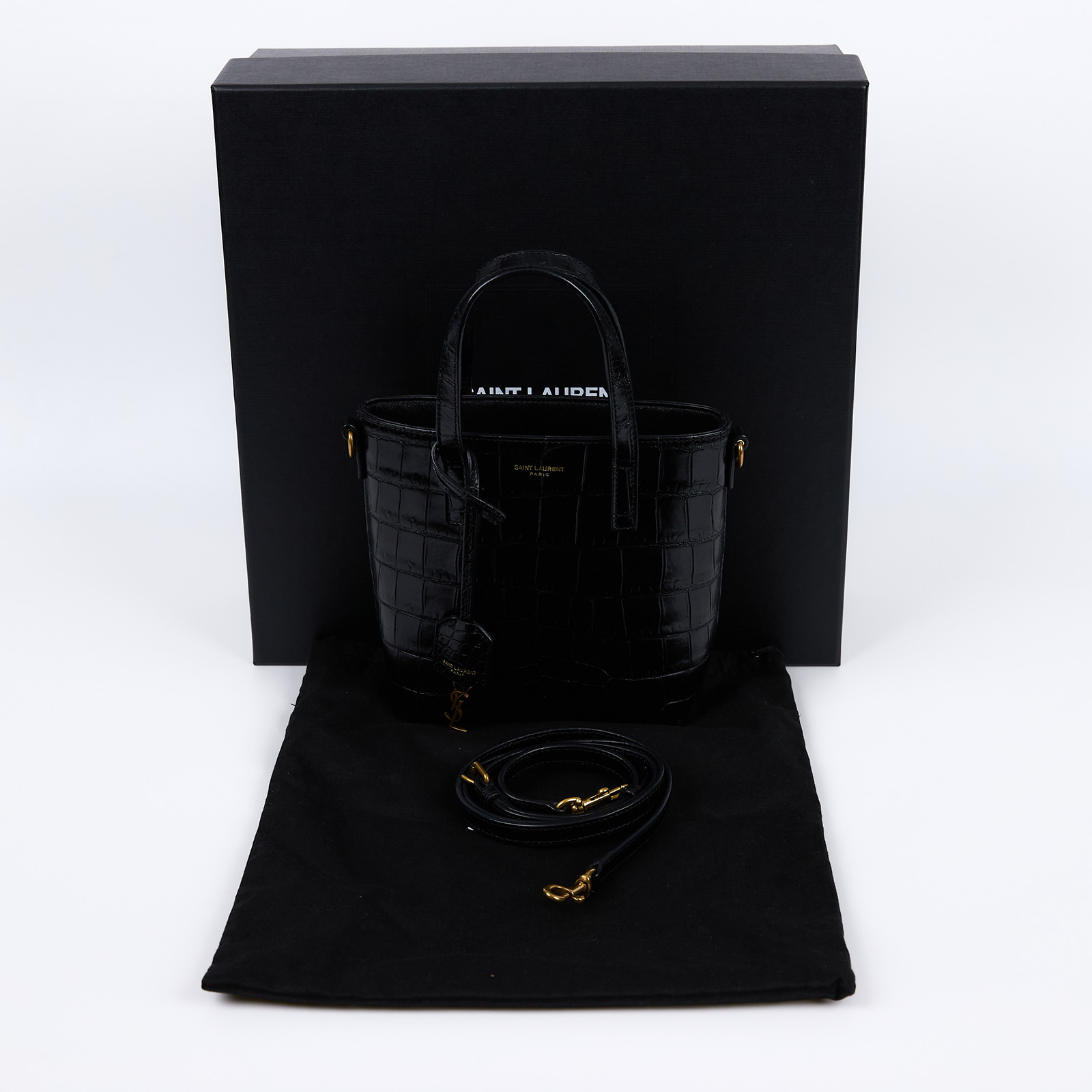 聖羅蘭 YSL SAINT LAURENT Toy Shopping 迷你鱷魚皮壓紋 購物袋 迷你 712367AAAOH 黑鱷魚壓紋兩用包 原廠盒子/防塵袋