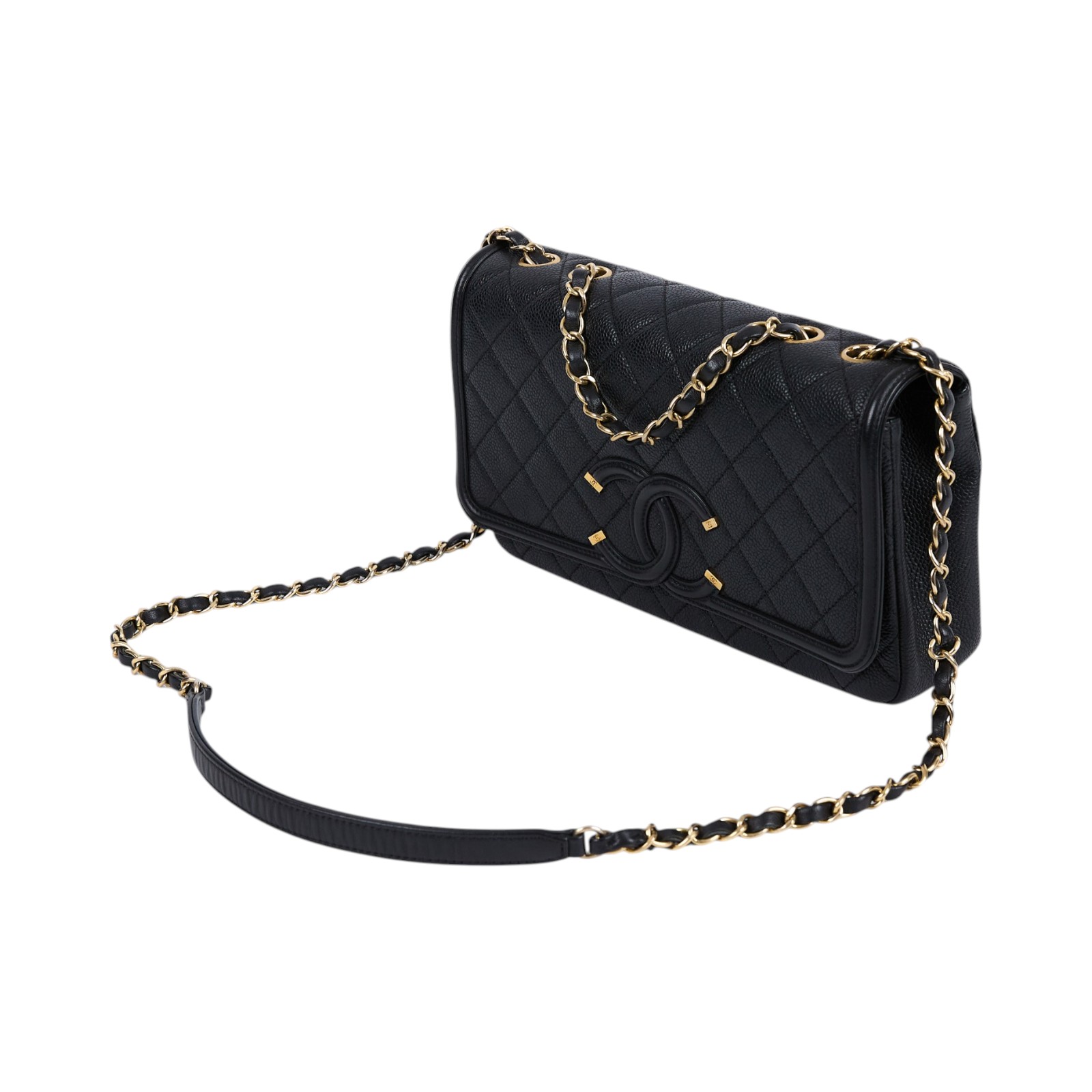 香奈兒 CHANEL CF 25 CC Filigree 口蓋包 肩背包 斜背包 A93341 22開黑荔枝翻蓋包 防塵袋