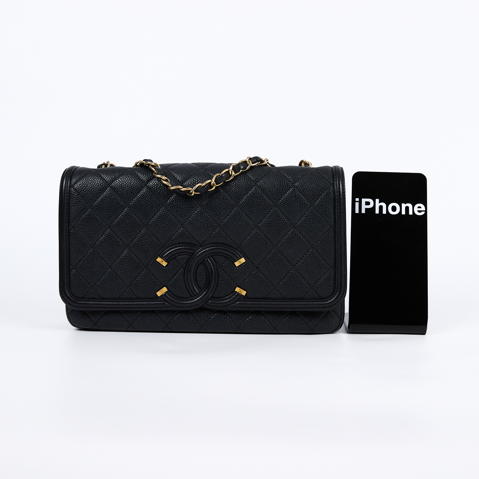 香奈兒 CHANEL CF 25 CC Filigree 口蓋包 肩背包 斜背包 A93341 22開黑荔枝翻蓋包 防塵袋