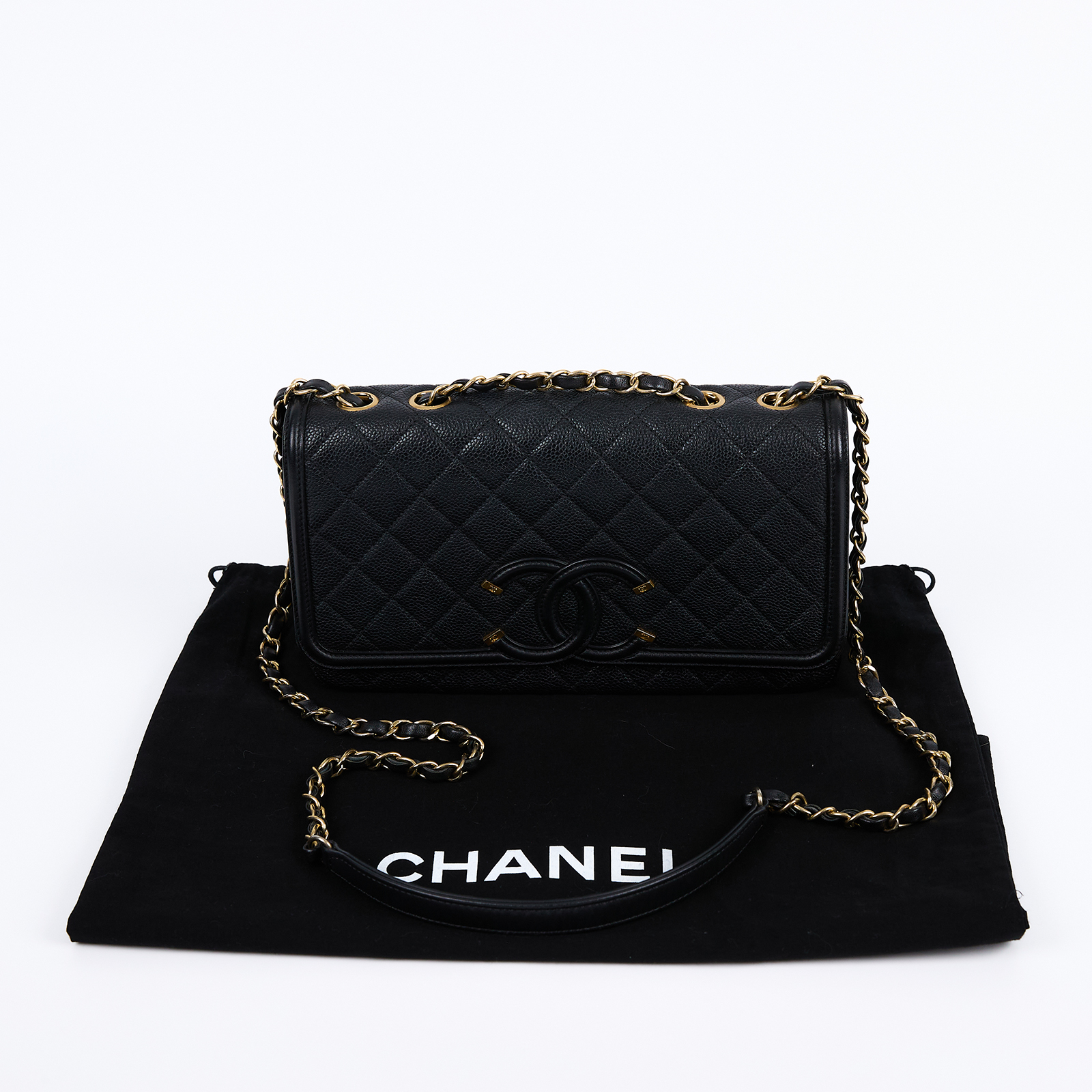 香奈兒 CHANEL CF 25 CC Filigree 口蓋包 肩背包 斜背包 A93341 22開黑荔枝翻蓋包 防塵袋