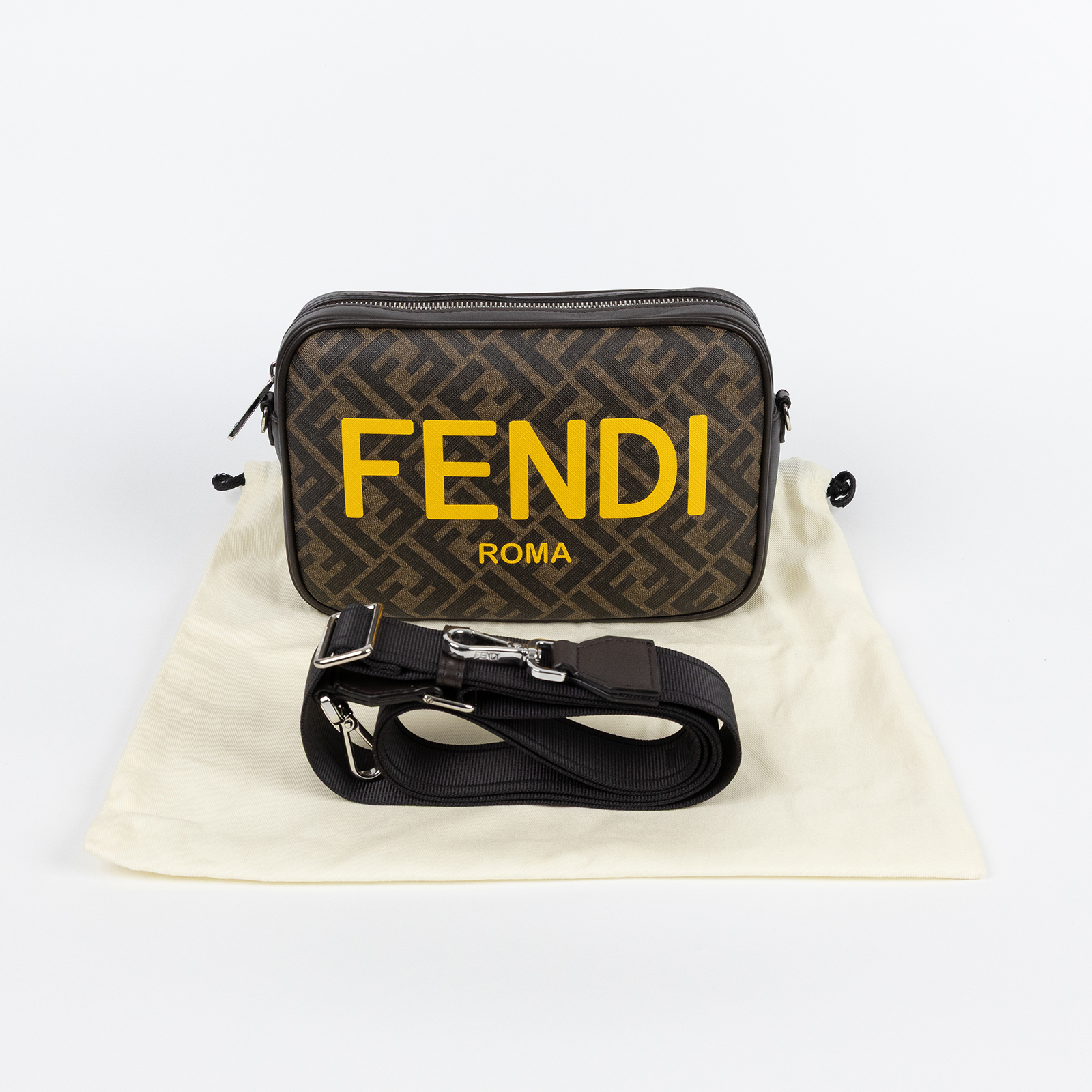 芬迪 FENDI FF ROMA 肩背包 斜背包 7M0286AJJ4 咖色老花黃LOGO相機包 防塵袋/背帶