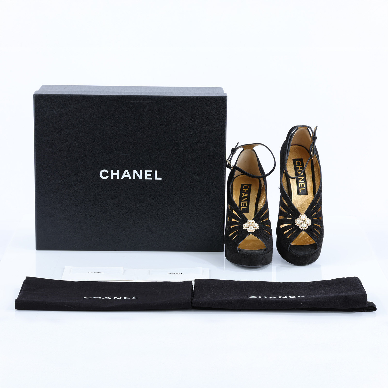 香奈兒 CHANEL 高跟涼鞋 G45455_35 黑麂皮魚口粗跟 原廠盒子/防塵袋