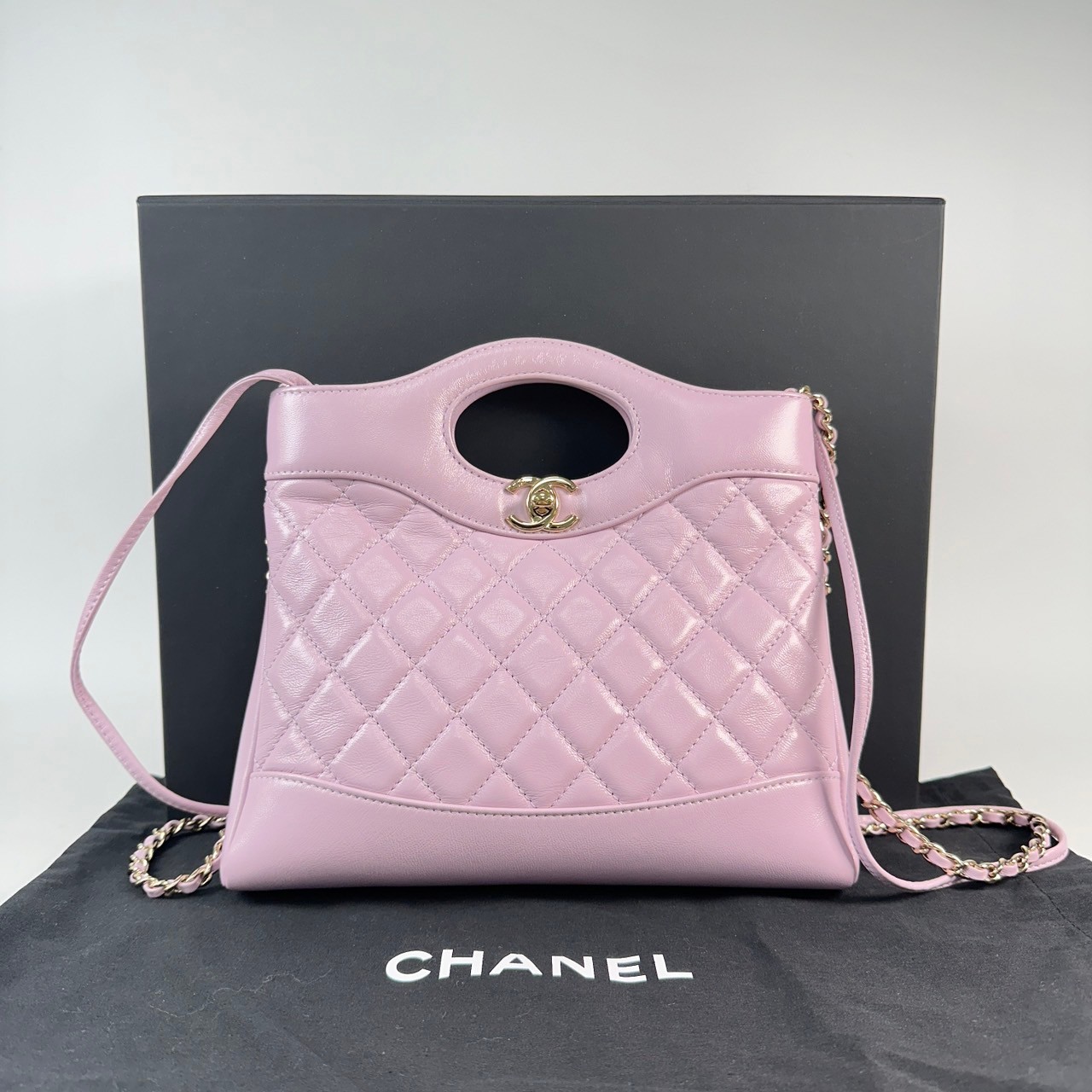 香奈兒 CHANEL CC Logo 31包 菱格紋 鍊帶 肩背 手提包  晶片款 淡紫31BAG 防塵袋/原廠盒子