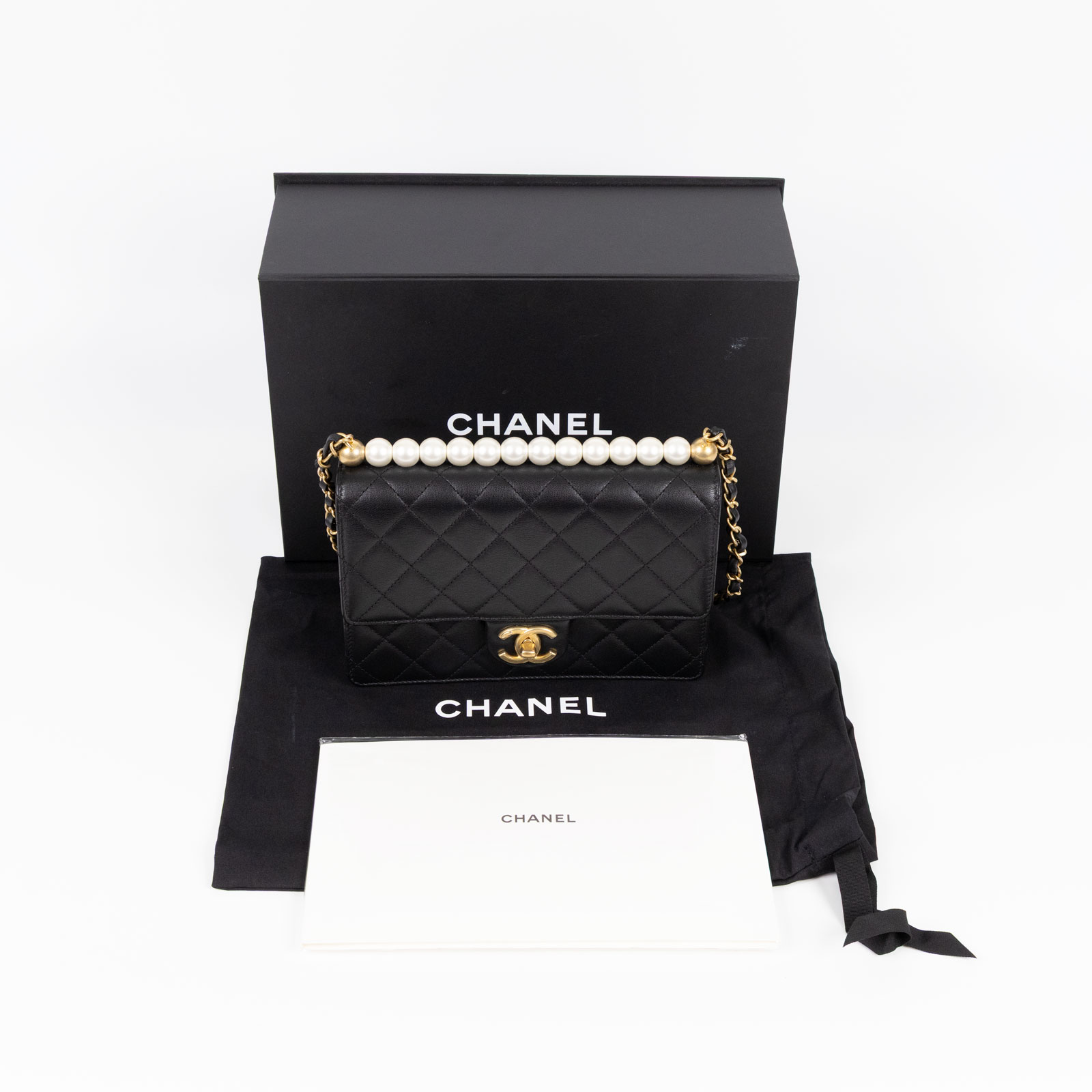 香奈兒 CHANEL 珍珠 口蓋包 AS0585 29開黑金菱格珍珠金鍊斜背包 防塵袋/原廠盒子/保證卡