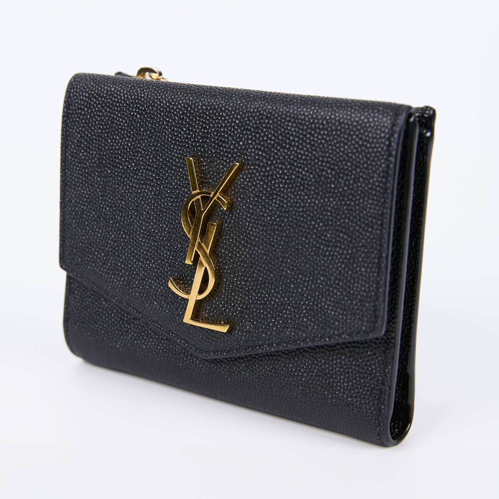 聖羅蘭 YSL SAINT LAURENT Uptown 粒面壓紋皮革小型 錢包 5822961GF0J 黑三折短夾 原廠盒子/防塵袋