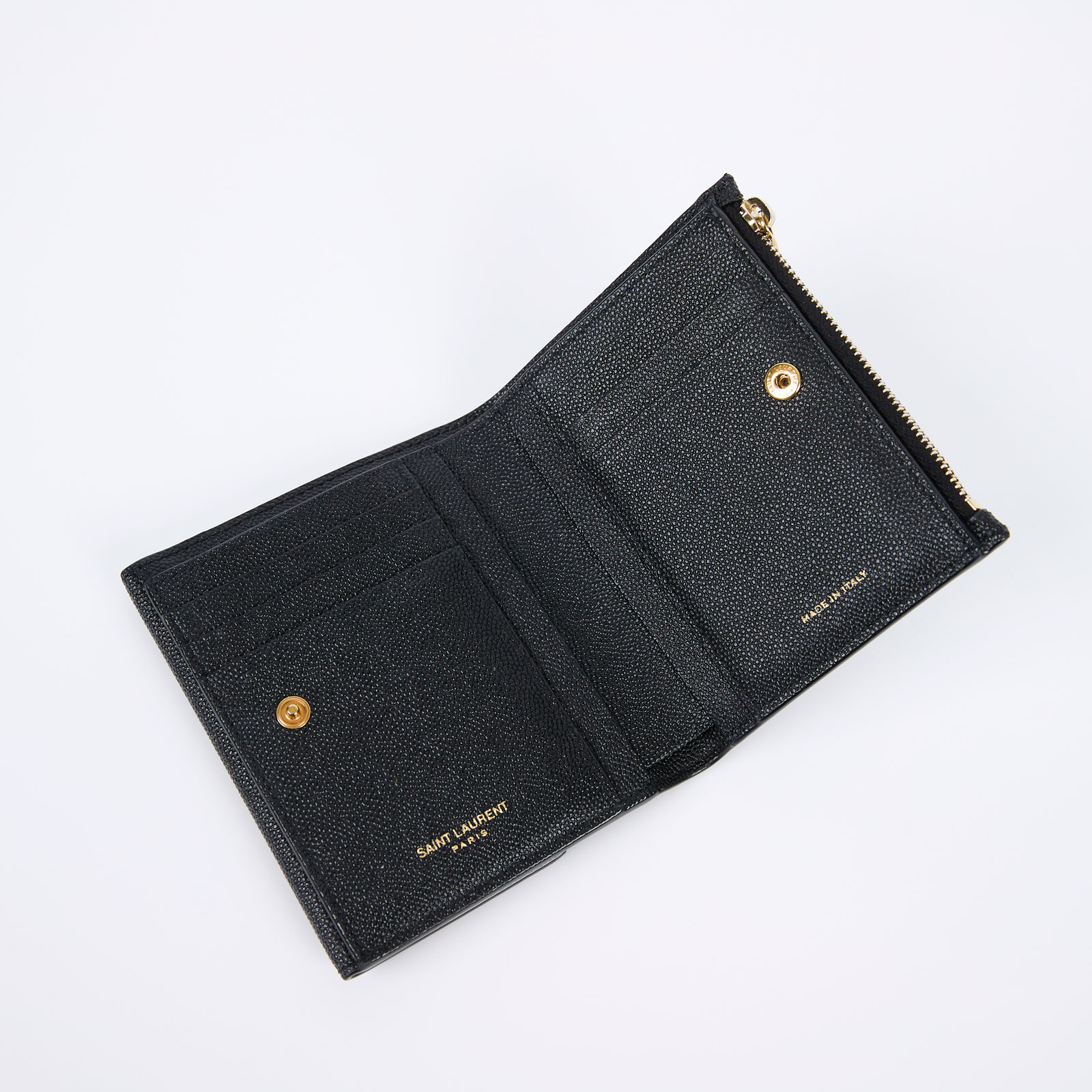 聖羅蘭 YSL SAINT LAURENT Uptown 粒面壓紋皮革小型 錢包 5822961GF0J 黑三折短夾 原廠盒子/防塵袋